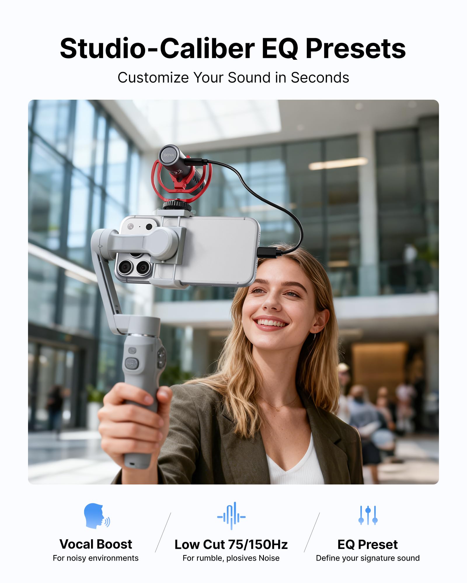 BOYA BY-MM1 AI On-Camera Shotgun Mic with AI Noise Cancellation, APP Control with EQ Presets & Gain, Supercardioid Pickup, 30Hrs Battery, Dual 3.5mm/USB-C, Microphone for Camera, DSLR, iPhone, Android