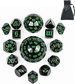 15 Pieces Complete Polyhedral DND Dice Set D3-D100 Spherical D&D Dice Set with Dragon Eye Dice Bag, D100 Dice for Dungeons and Dragons, RPG, MTG Table Games(Black Green)