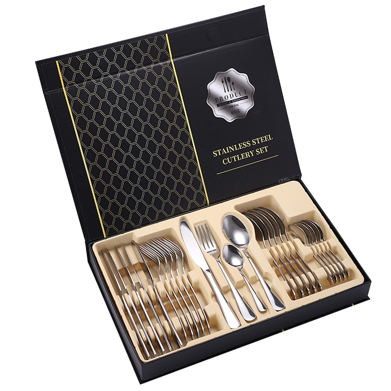Juego De Cubiertos De 24 Piezas, Para 6 Personas, Acero Inoxidable, Cubertería De Luxe Estuche Regalo, Para Bodas, Restaurante, Fiesta, Regalo, Festivales (Plata)