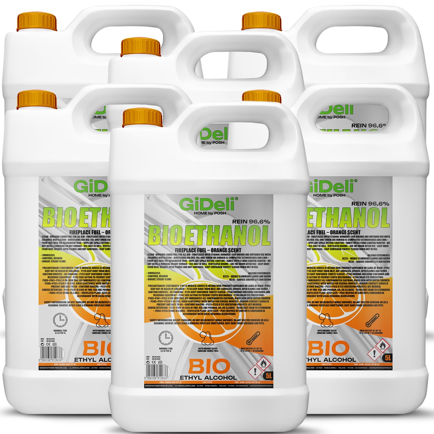 GiDeli Bioetanol - 6 x 5 l, aroma a naranja, 96,6% etanol, para chimeneas interiores y exteriores, sin humo ni hollín, de maíz y remolacha azucarera