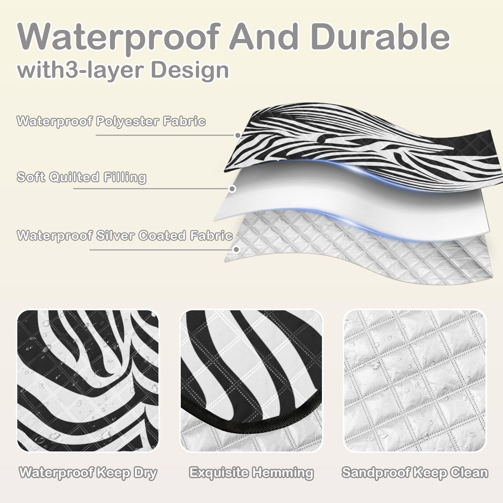 Picknickdecke 200x200cm, Zebra-Druck groß wasserdicht Campingdecke faltbar Strandmatte Picknick-Matte