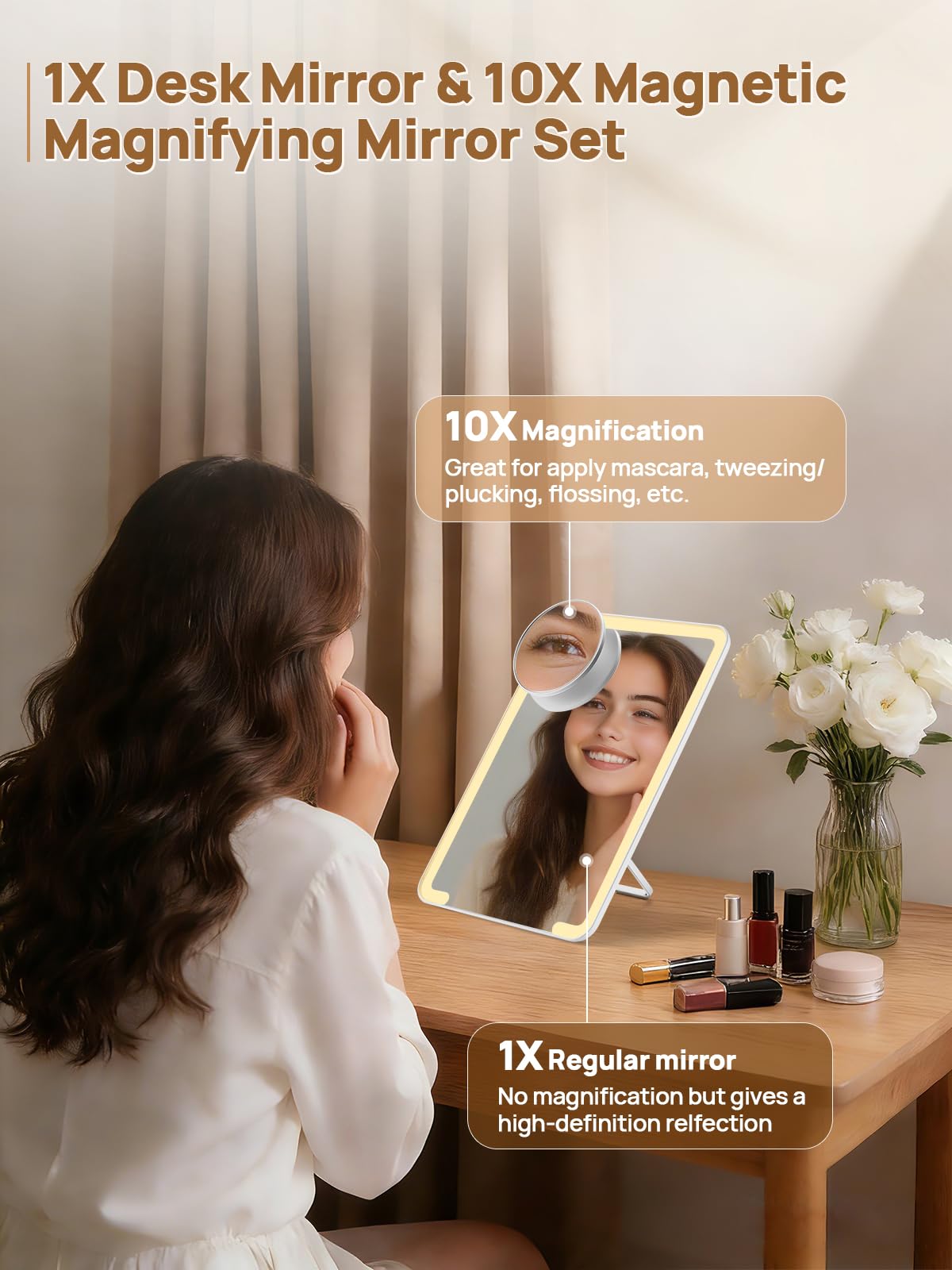 OMIRO Lighted Makeup Mirror with 10X Magnifying Mirror, 8 x 5 inches Desk Mirror with Adjustable Stand and 3 Lighting Modes for Shaving and Travelling, White - 3