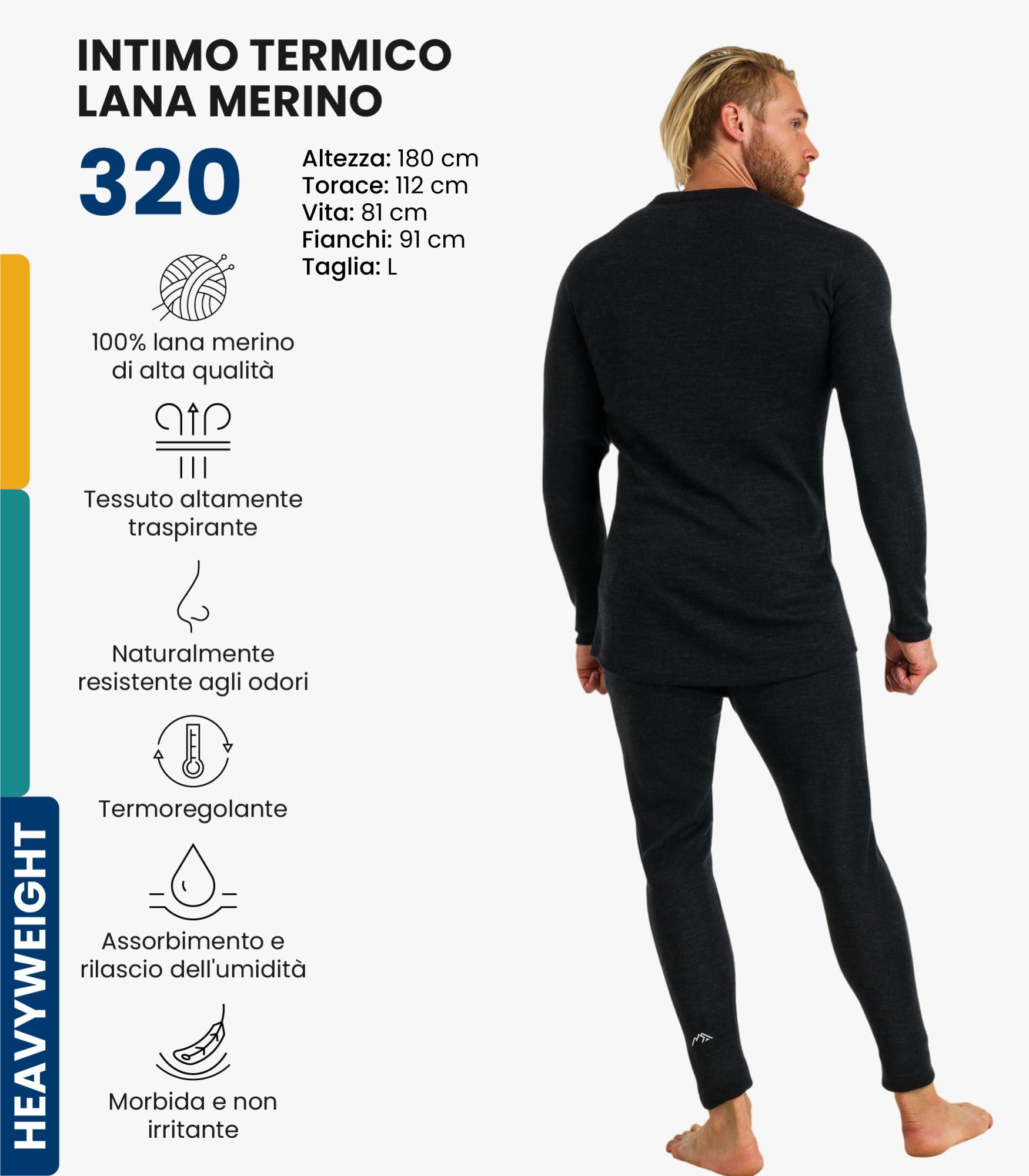 Merino.tech Intimo Termico Uomo Lana Merinos - Completo Termico Uomo Maglia e Pantaloni con Calzini Leggero, Medio, Pesante