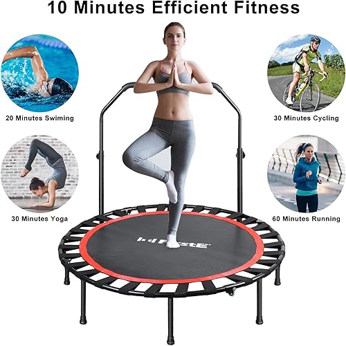 Miniatura 2 de FirstE Trampolín rebotador de 48 pulgadas para adultos, trampolín de fitness de 440 libras, mini trampolín plegable, mango de espuma ajustable de 3
