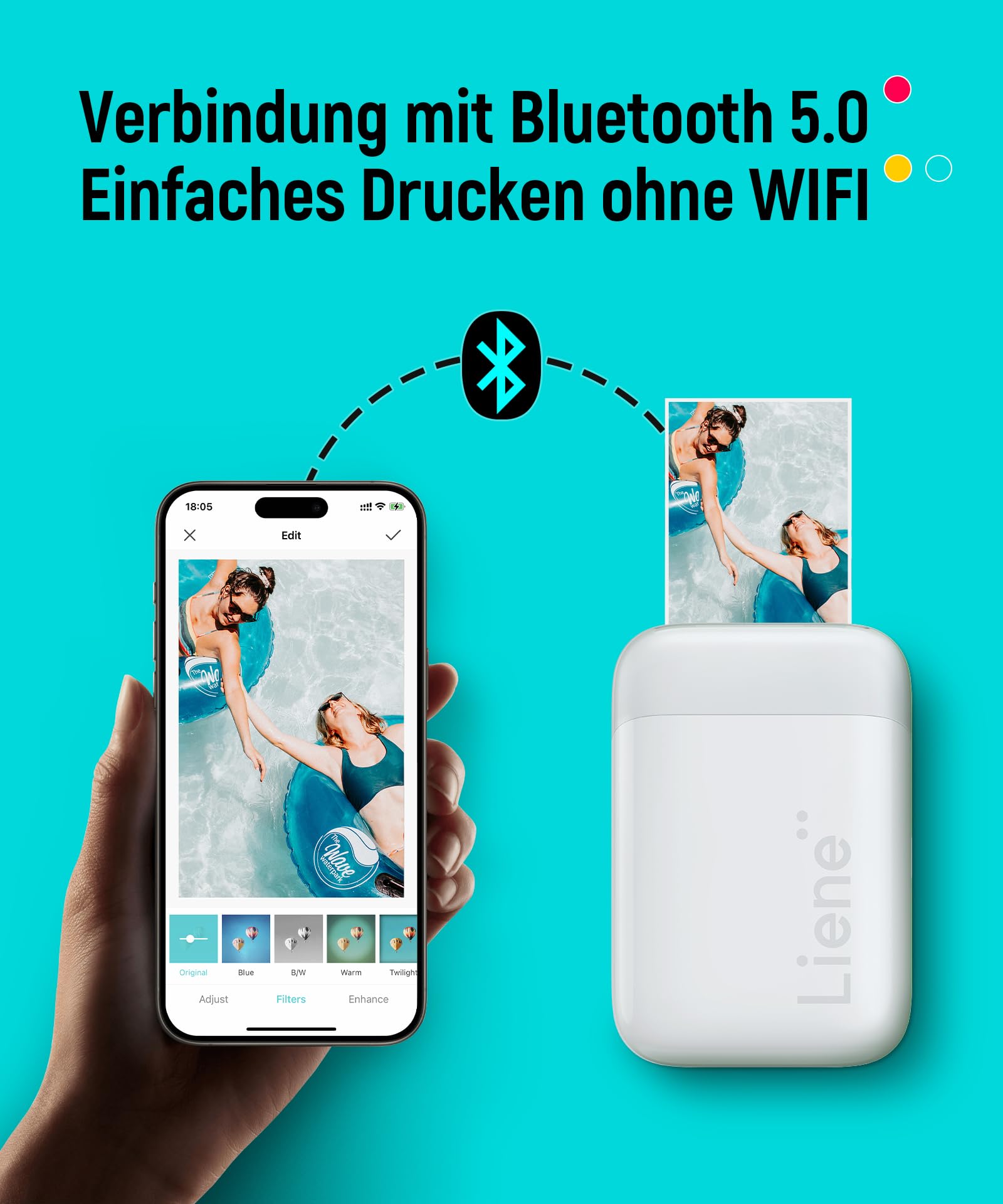 Liene Pearl K100 Fotodrucker-Set Mini Drucker für Smartphone 5x7,6cm 100 Blatt Zink-Fotopapier 300 DPI Bluetooth integrierter Akku