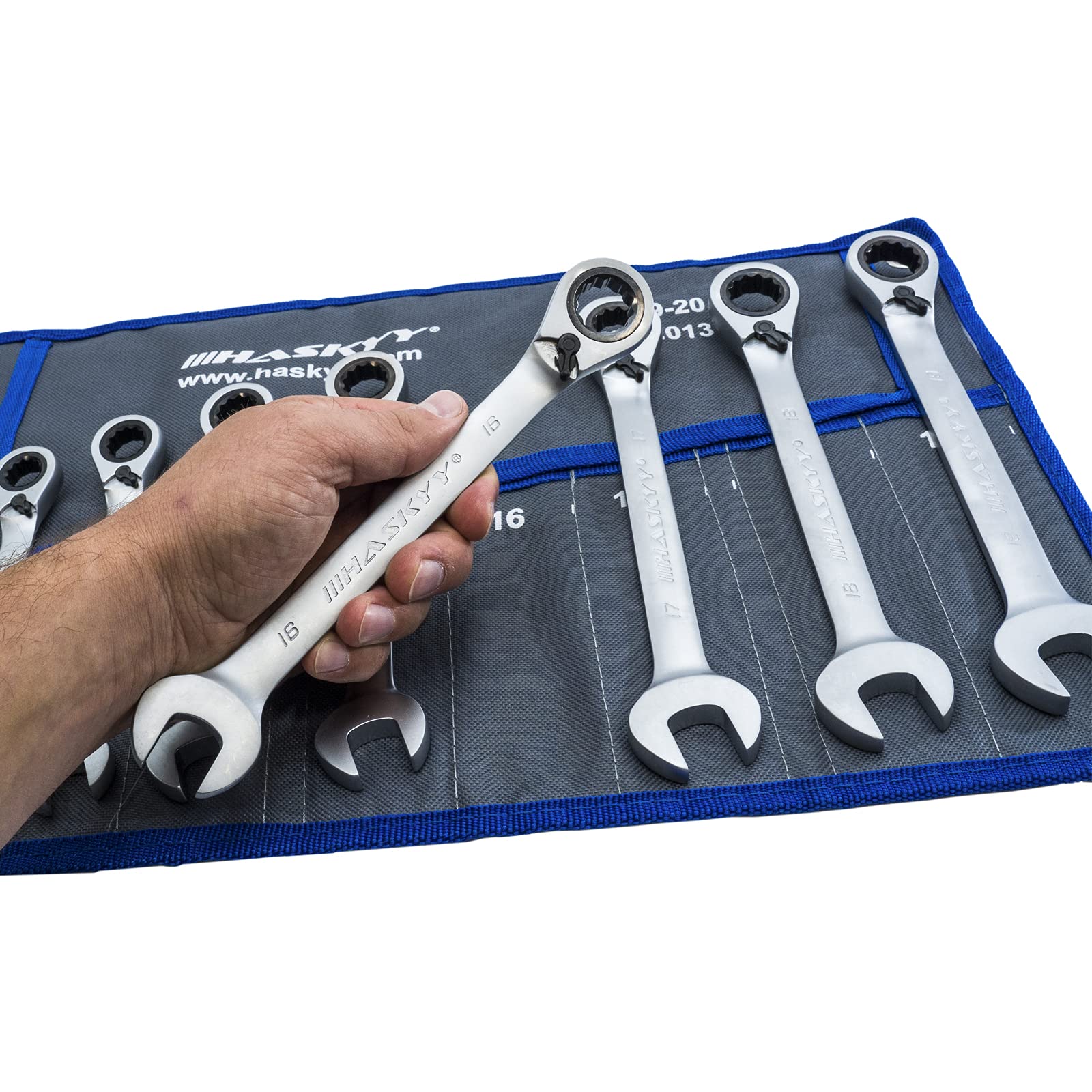 HASKYY Set di chiavi a cricchetto, 12 pezzi, 8-19 mm, angolo di lavoro di 15°, chiave a cricchetto, set di chiavi a forchetta