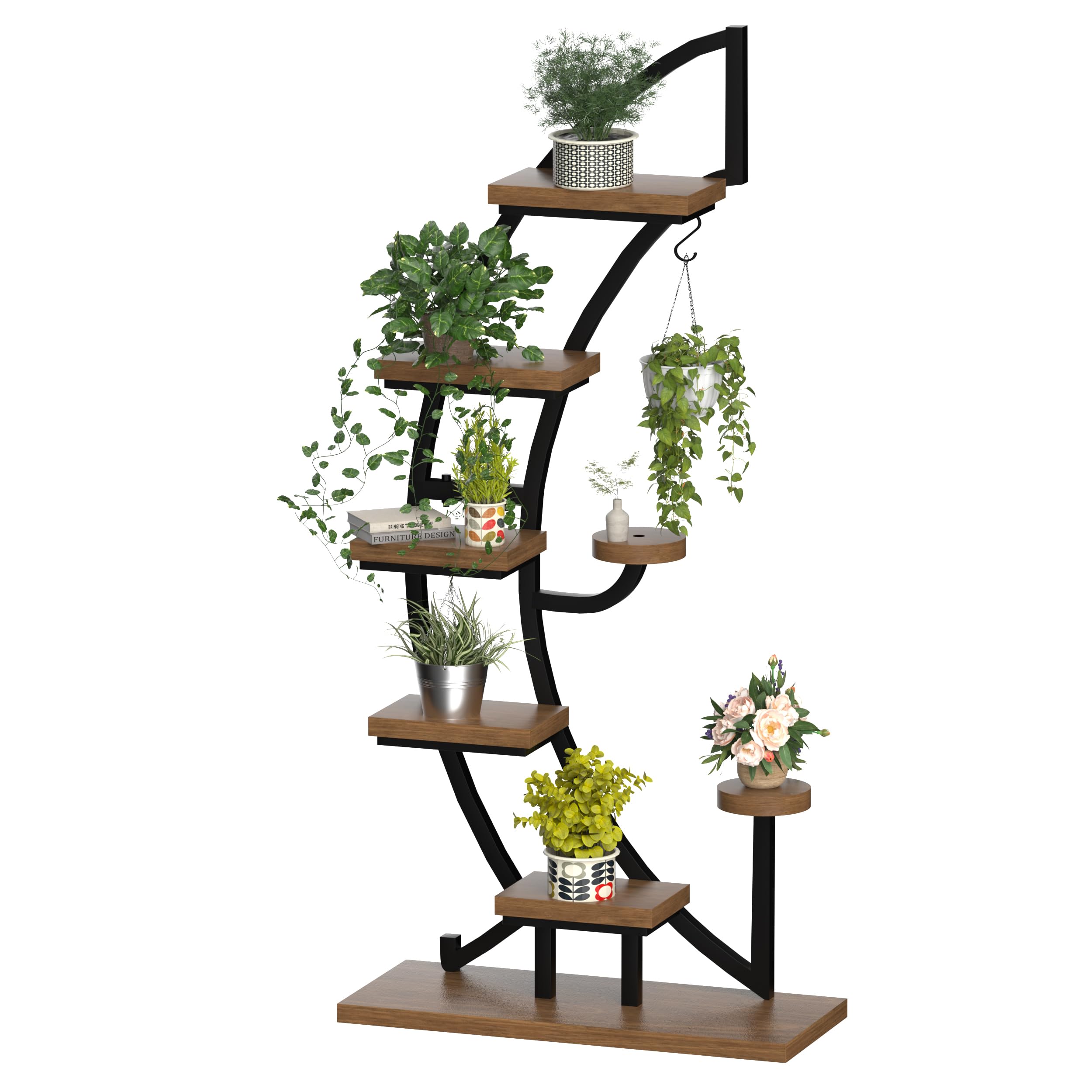 Elevens Supporto Per Piante A Scala 6 Ripiani – 2 Pezzi Colore Quercia – Mensola Metallica A Mezzaluna Per Interni/Esterni, Balcone E Giardino
