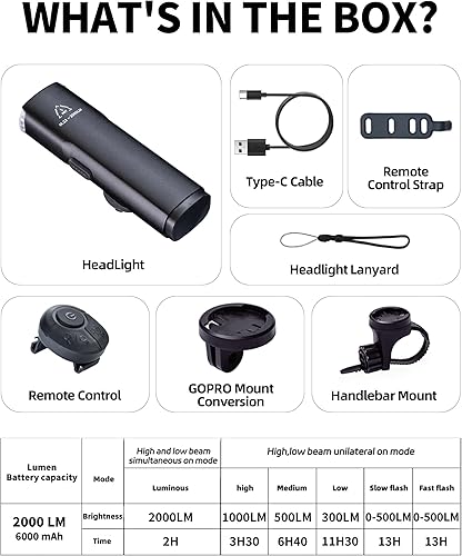 Miniatura 8 de Luz LED de bicicleta de 2000LM de tres haces para conducción nocturna antirreflejos con control remoto, USB-C 6000mAh luces de bicicleta recargables