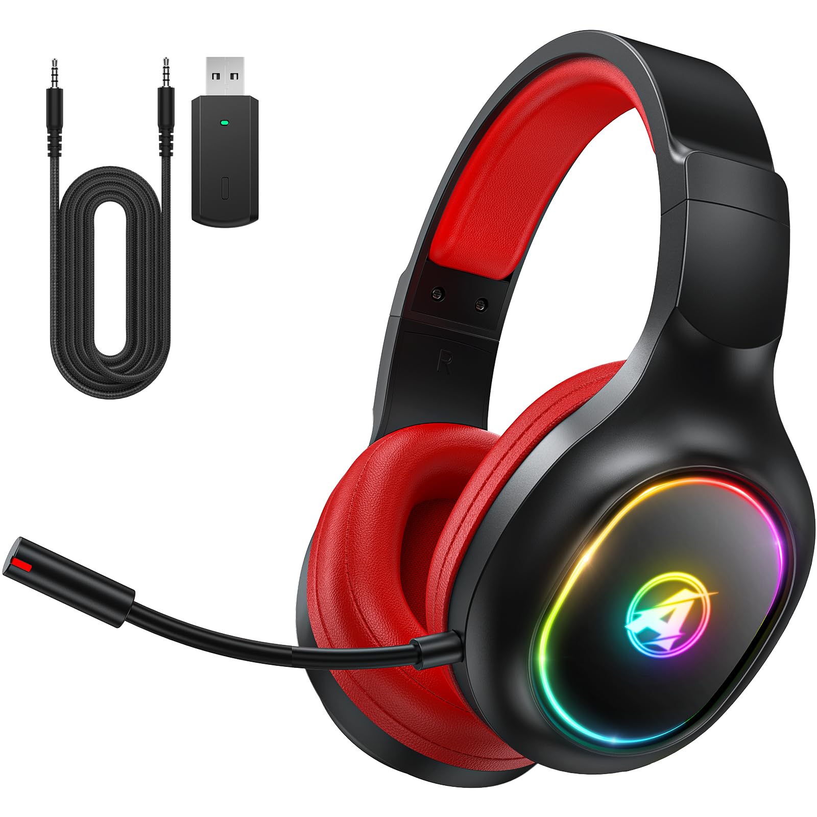 2,4 GHz Wireless Gaming Headset, Geräuschunterdrückende Kabellose Kopfhörer mit Abnehmbarem Mikrofon für PC, Mac, Switch, PS4, PS5, Bluetooth Kopfhörer mit Kabel 3.5mm, Schwarz Rot
