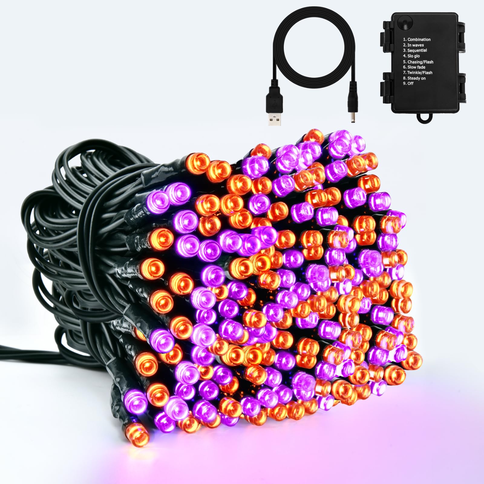Dalugo USB Battery String Lights, 10M 100LED Orange Purple Waterproof String Lights with 6h Timer, 8 Modes Black Cable for Indoor and Outdoor Use — image 1