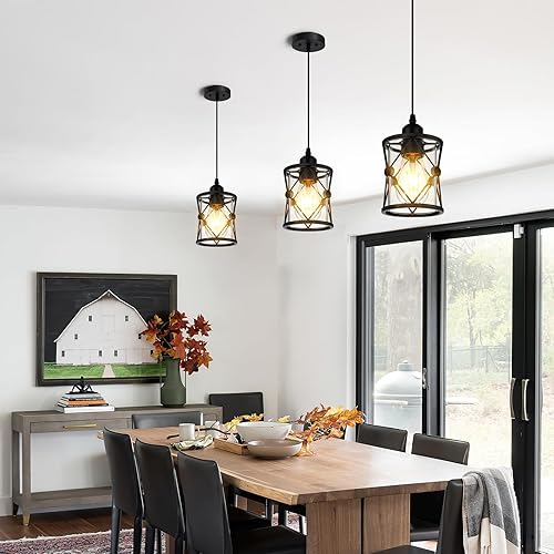 Miniatura 8 de Lámpara colgante de granja, luces colgantes rústicas para isla de cocina, luz colgante con marco de madera, caja de metal, base de bombilla E26