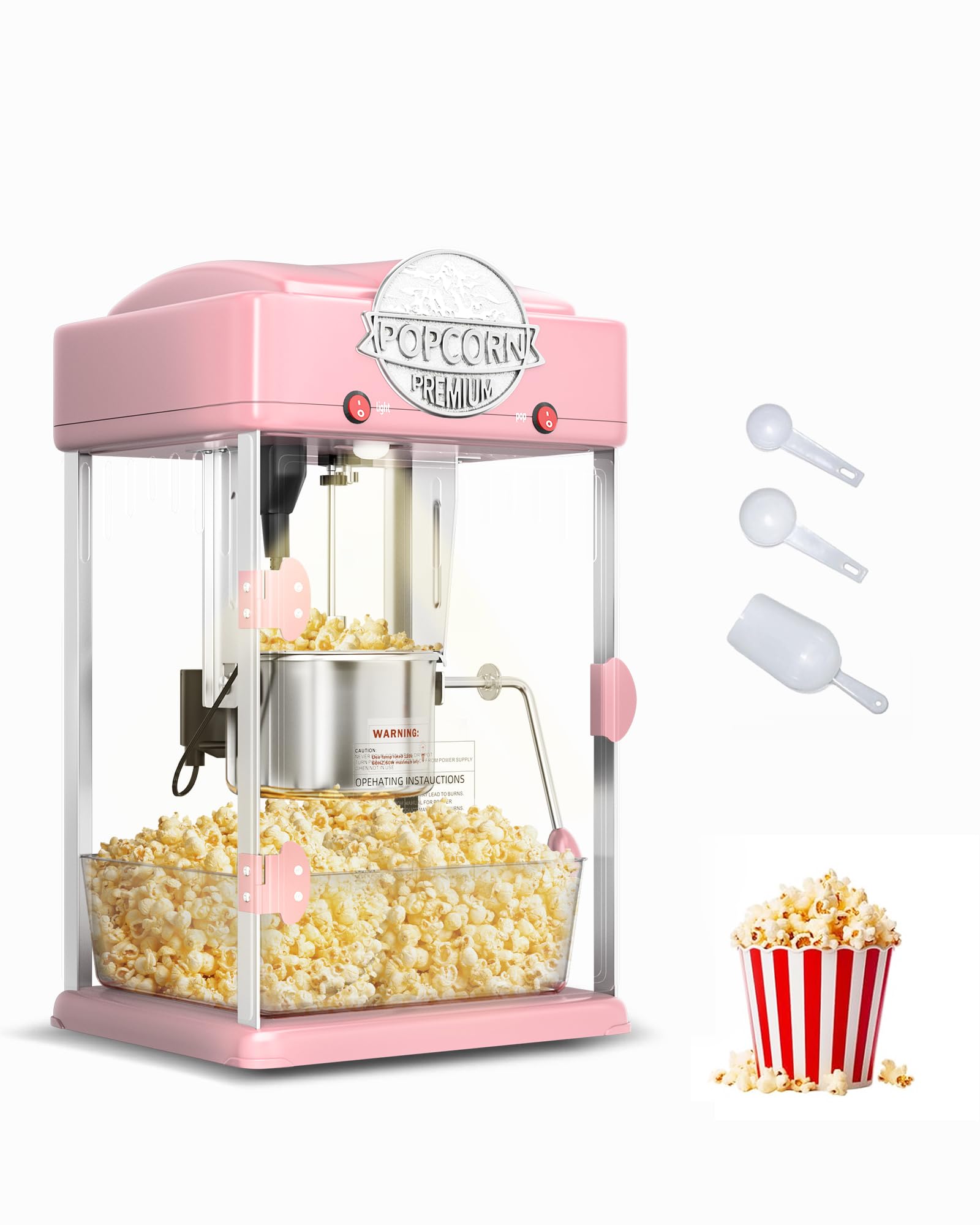 6 Oz Popcorn Machine, Tabletop Popcorn Maker, Countertop Pop Corn Machine, Movie Theater Popcorn Popper Machine with Stainless-Steel Kettle, Measuring Tool for Home Family, 300 W, Pink