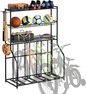 4 Bike Stand, Bike Rack Garage with 3-Tier Storage Baskets, Indoor Outdoor Bicycle Storage Stand Organizer, Metal Stability Floor Bicycle Station for Mountain, Road, Hybrid, Scooters