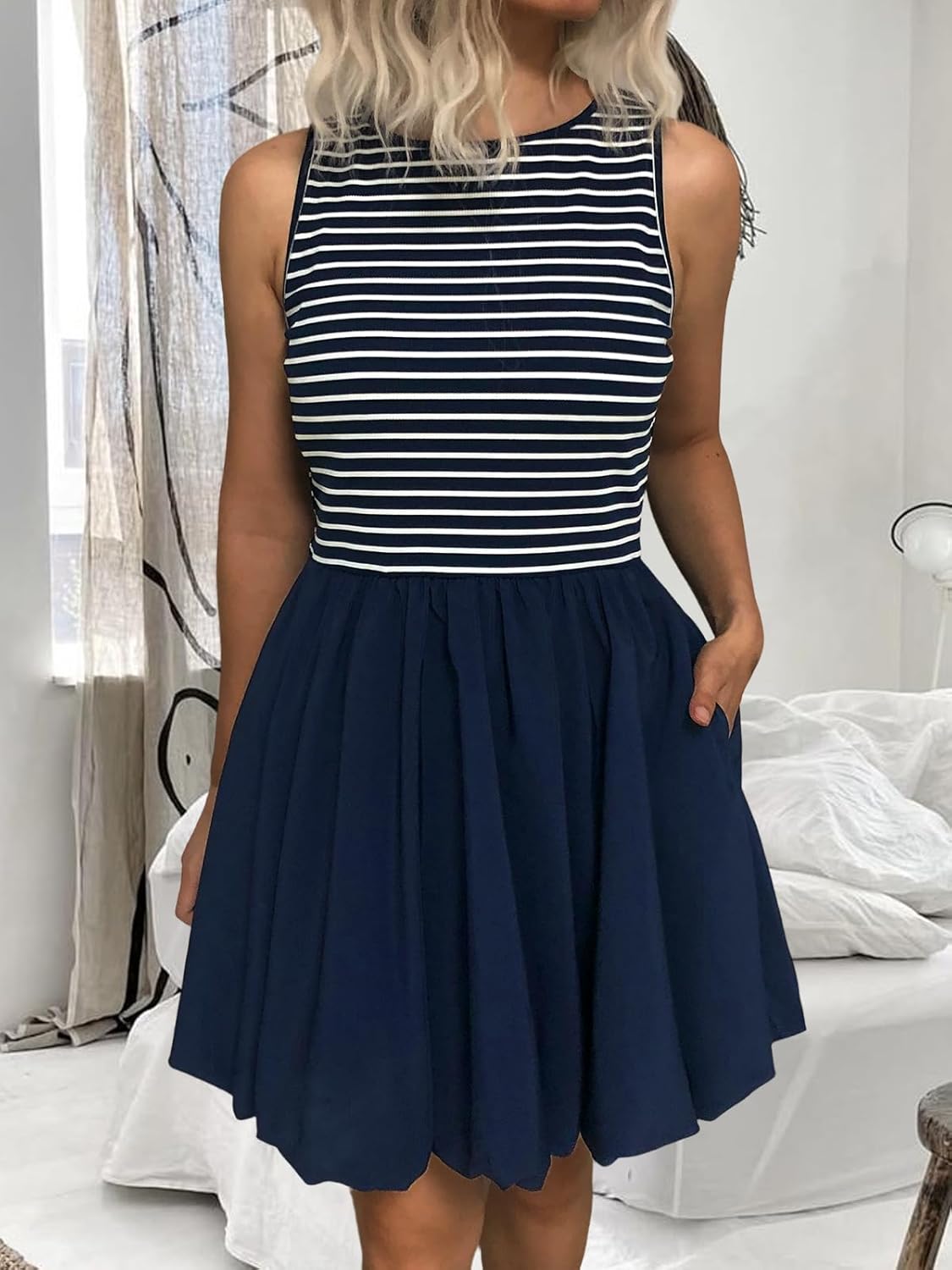 Women's Casual Bubble Mini Dress with Pockets Sleeveless Bubble Hem Striped Tank Short Dresses Summer - Image 2