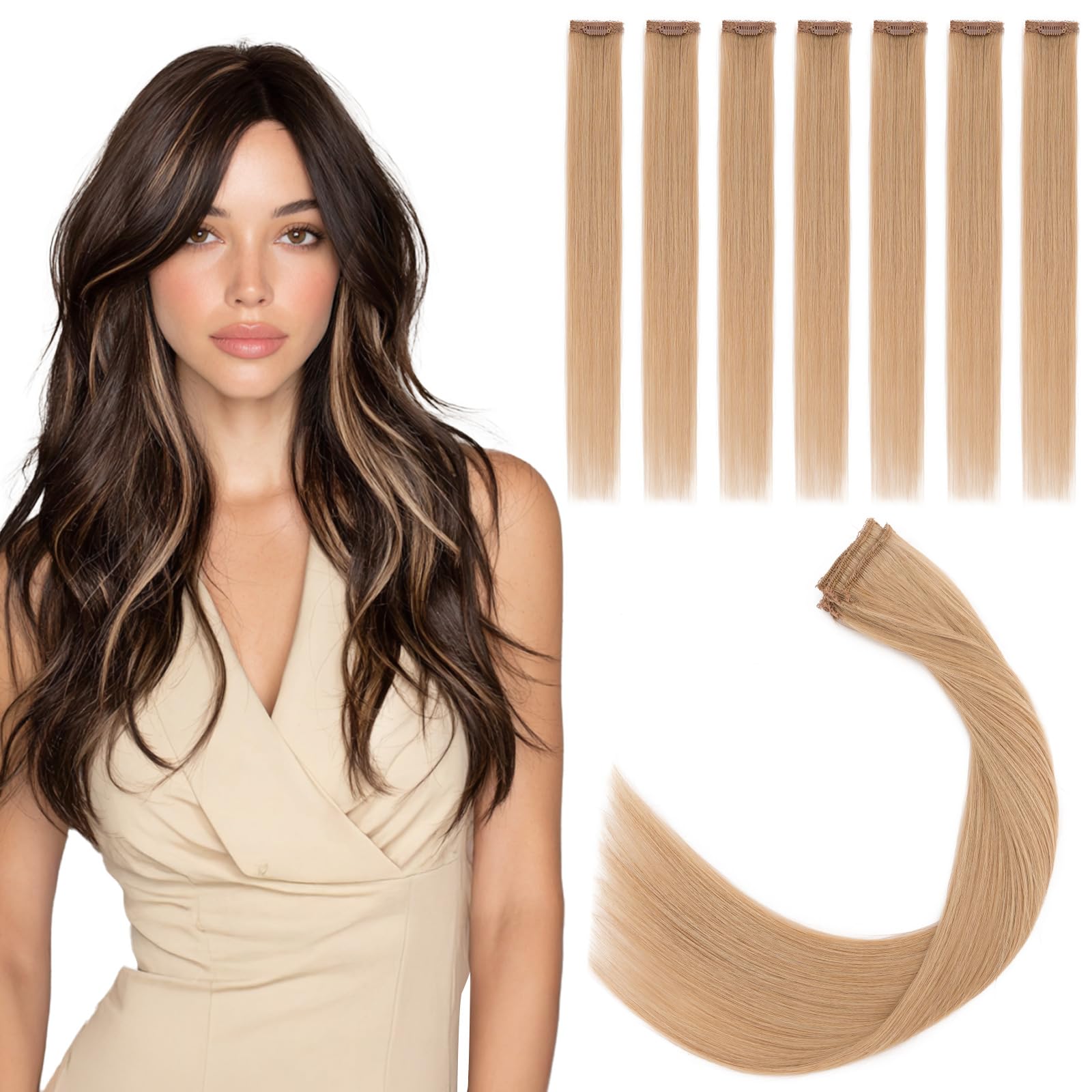 S-noilite Clip in Human Hair Extension Highlight Dark Blonde 10 Inch Colored Hair Extensions Clip in for Women Kids Girls Straight Real Human Hair 6 Pieces/Pack 31g