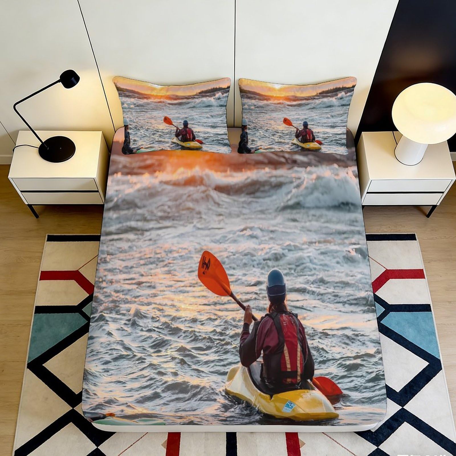 3D Printed Kayak Adventure Fitted Sheet Microfiber Soft Breathable Sunset Ocean Bed Cover for Adult Teen Bedroom Dorm Decor 90x200x25cm