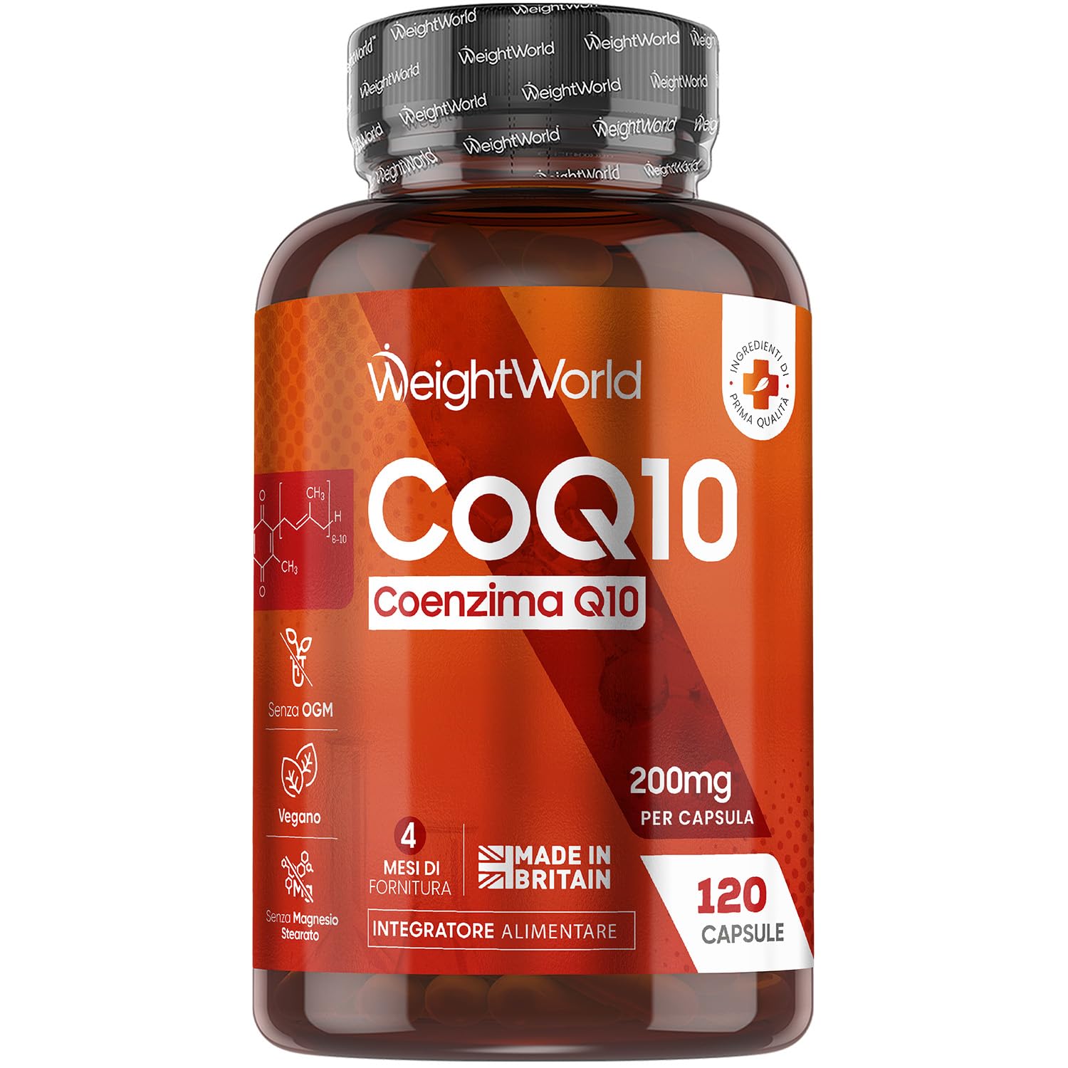 Coenzima Q10 200mg Vegano, Ubiquinone, 120 Capsule, (4 Mesi di Fornitura), 1 Sola Capsula al Giorno, Q10 Coenzima, Integratore CoQ10, Privo di Magnesio Stearato e Senza OGM, Prodotto nel Regno Unito