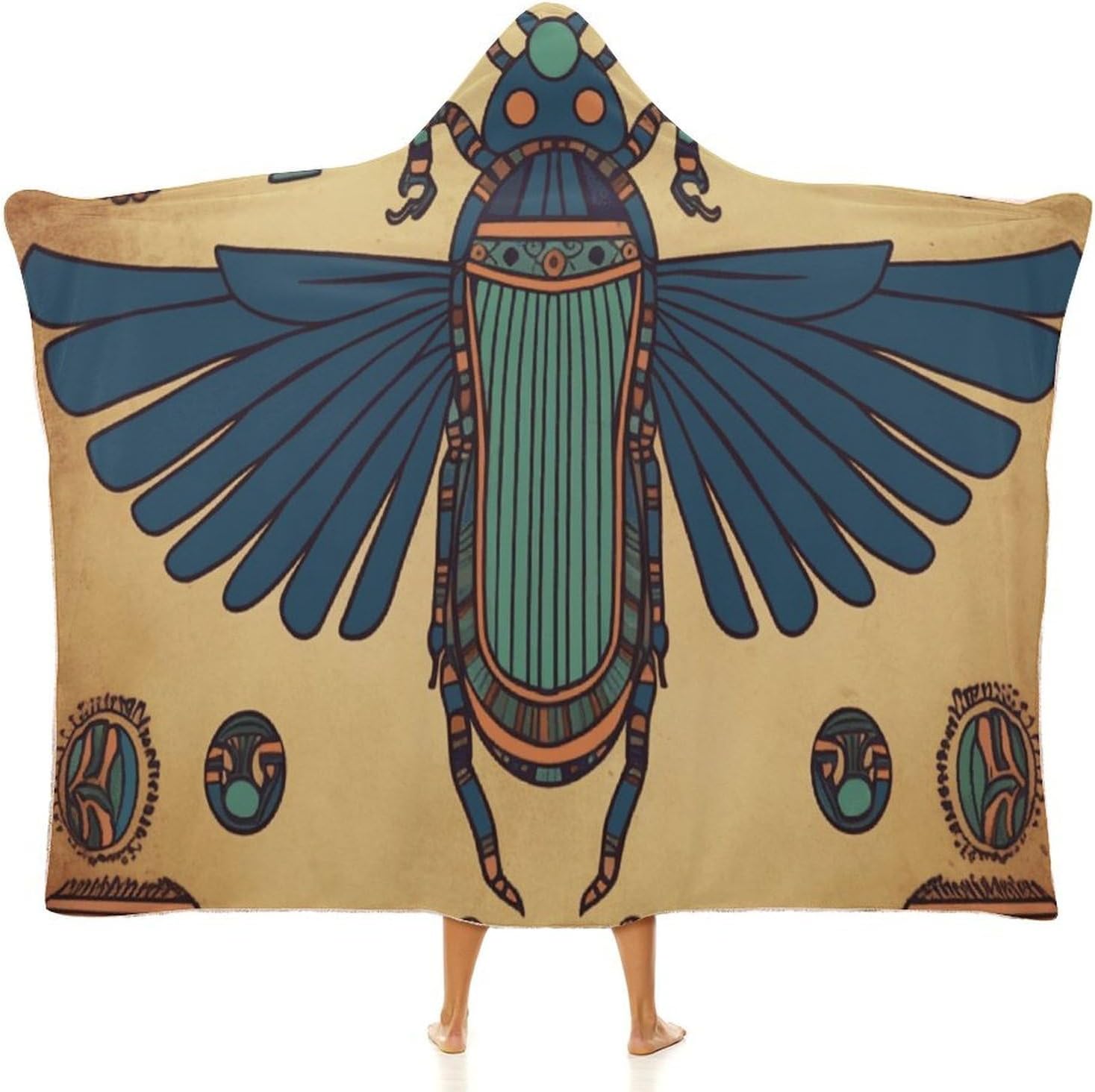 Egyptian Scarab Wearable Hooded Blanket, Ultra Soft Arctic Velvet Cape Cloak Unisex - Cozy Wearable Blanket