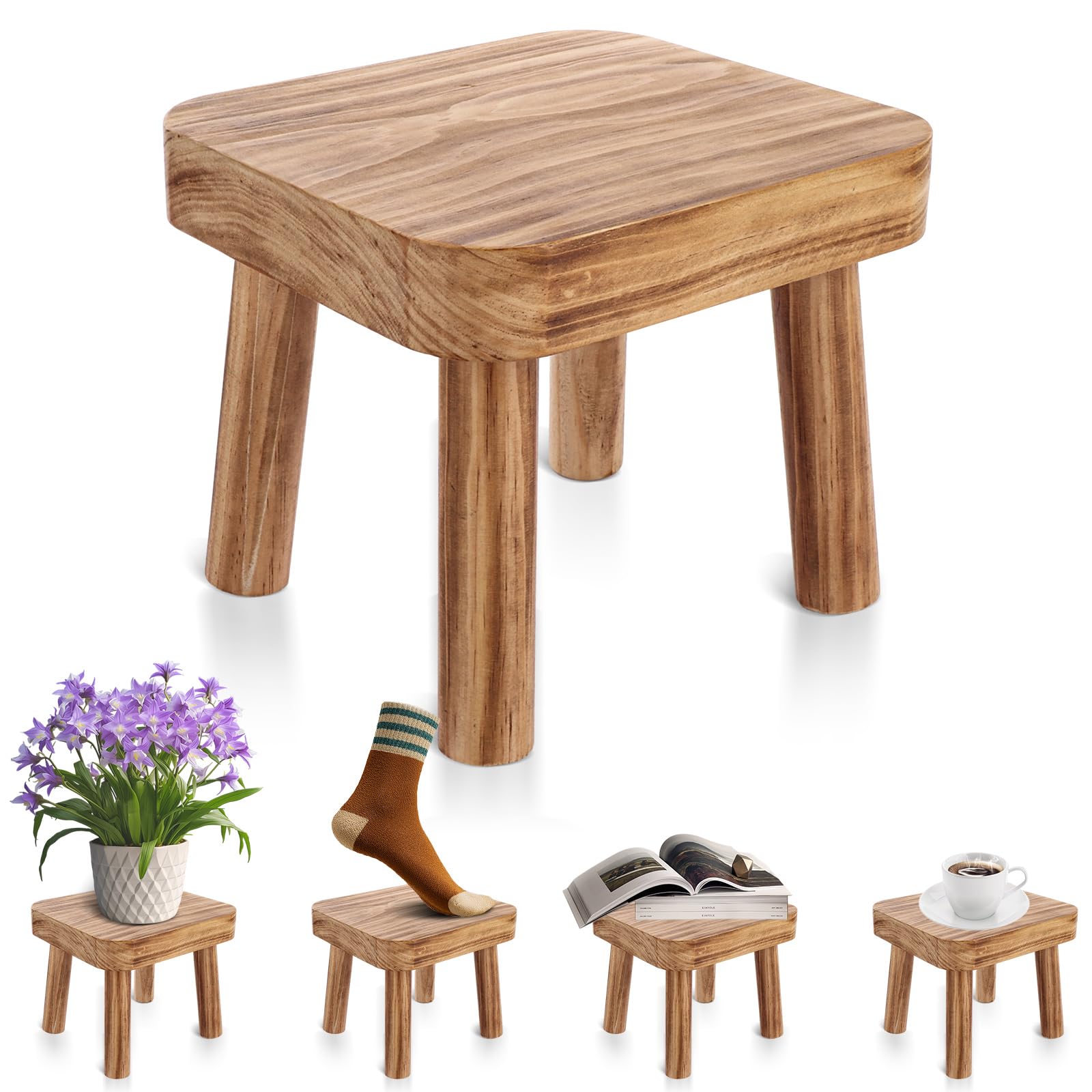 LOLYSIC Small Wooden Stool, Pine Wood Plant Stand 24 x 22 x 20 cm, Mini Square Stool with Removable Legs, Low Wooden Step Stool, Foot Stool and Small Side Table for House Plants, Bedroom, Bathroom