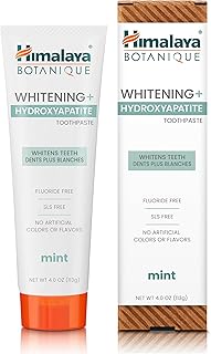 Himalaya Botanique Whitening + Hydroxyapatite Toothpaste for Whiter Teeth & Fresher Breath, Fights Plaque with Hydroxyapatite Support & Mint Flavor, Fluoride Free, SLS Free, & Vegan, 4.0 oz (113g)