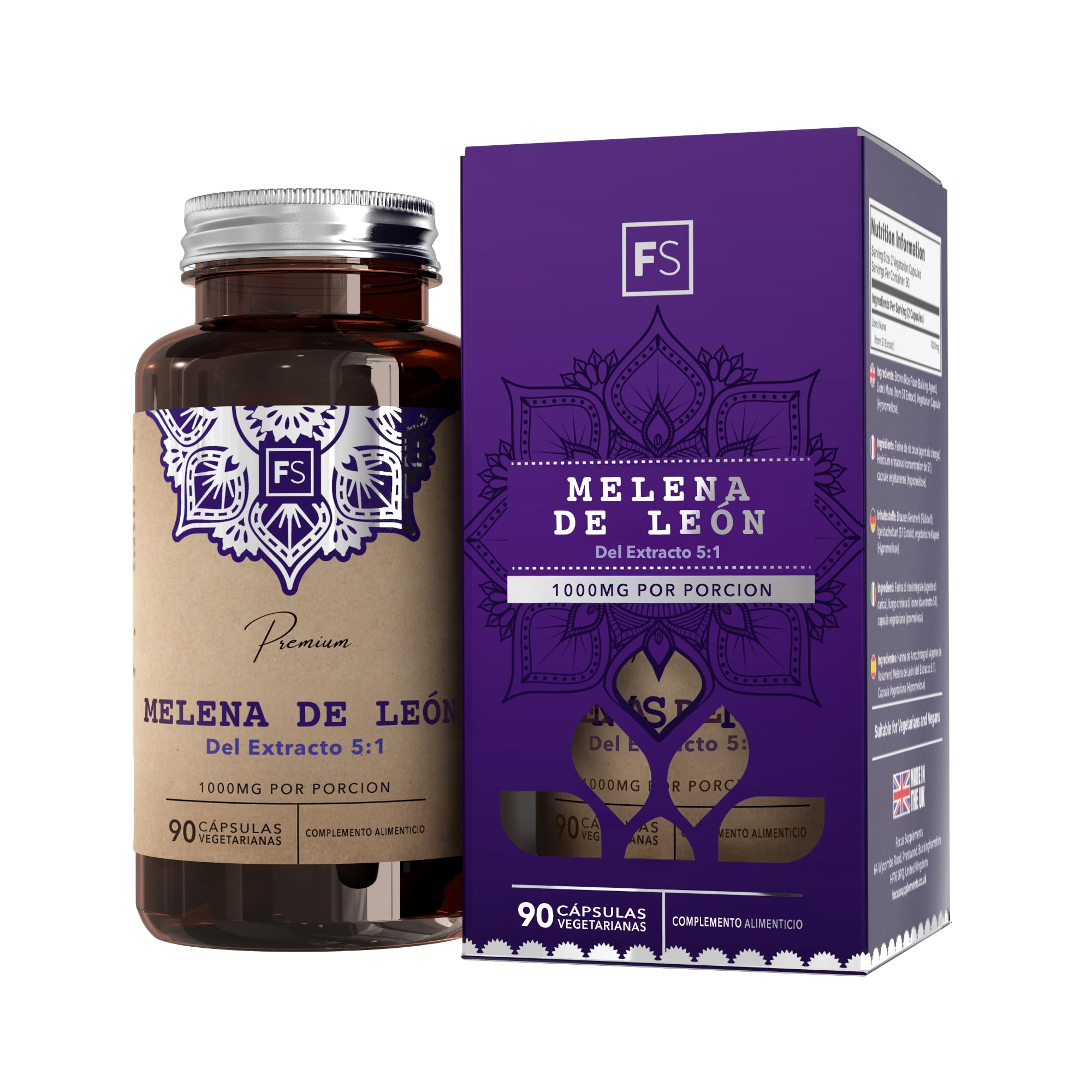 FS Melena de Leon | 180 Lions Mane Capsules | Melena de León Capsulas | 1000mg de Hongos Lion's Mane de Alta Potencia por Porción | Sin OGM, Gluten, Lácteos y Alérgenos | Fabricado en el RU