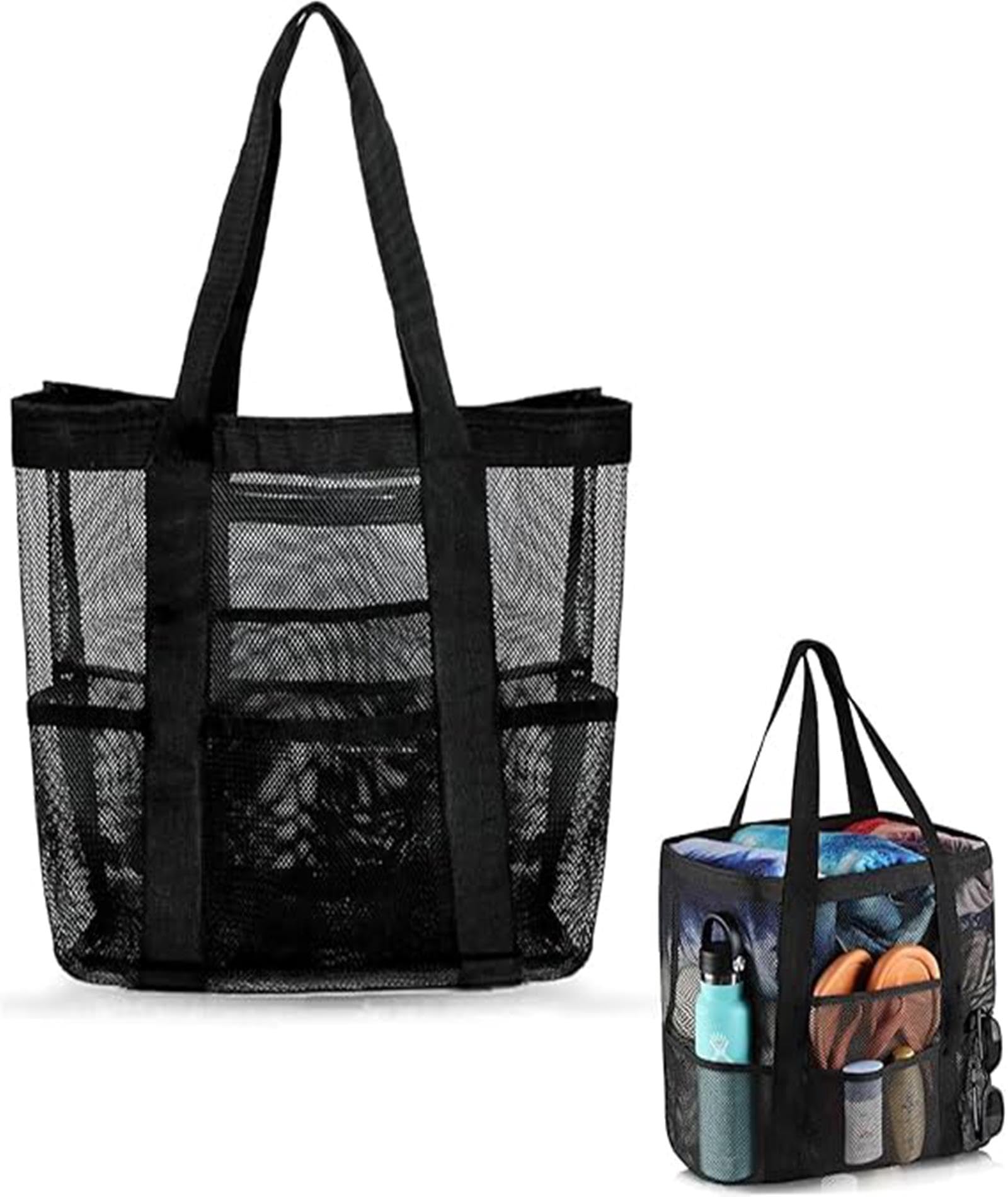 Mesh Beach Bag Lightweight Large Tote Bag Sand Free, Black Handheld Beach Hollow Mesh Bags-image-27