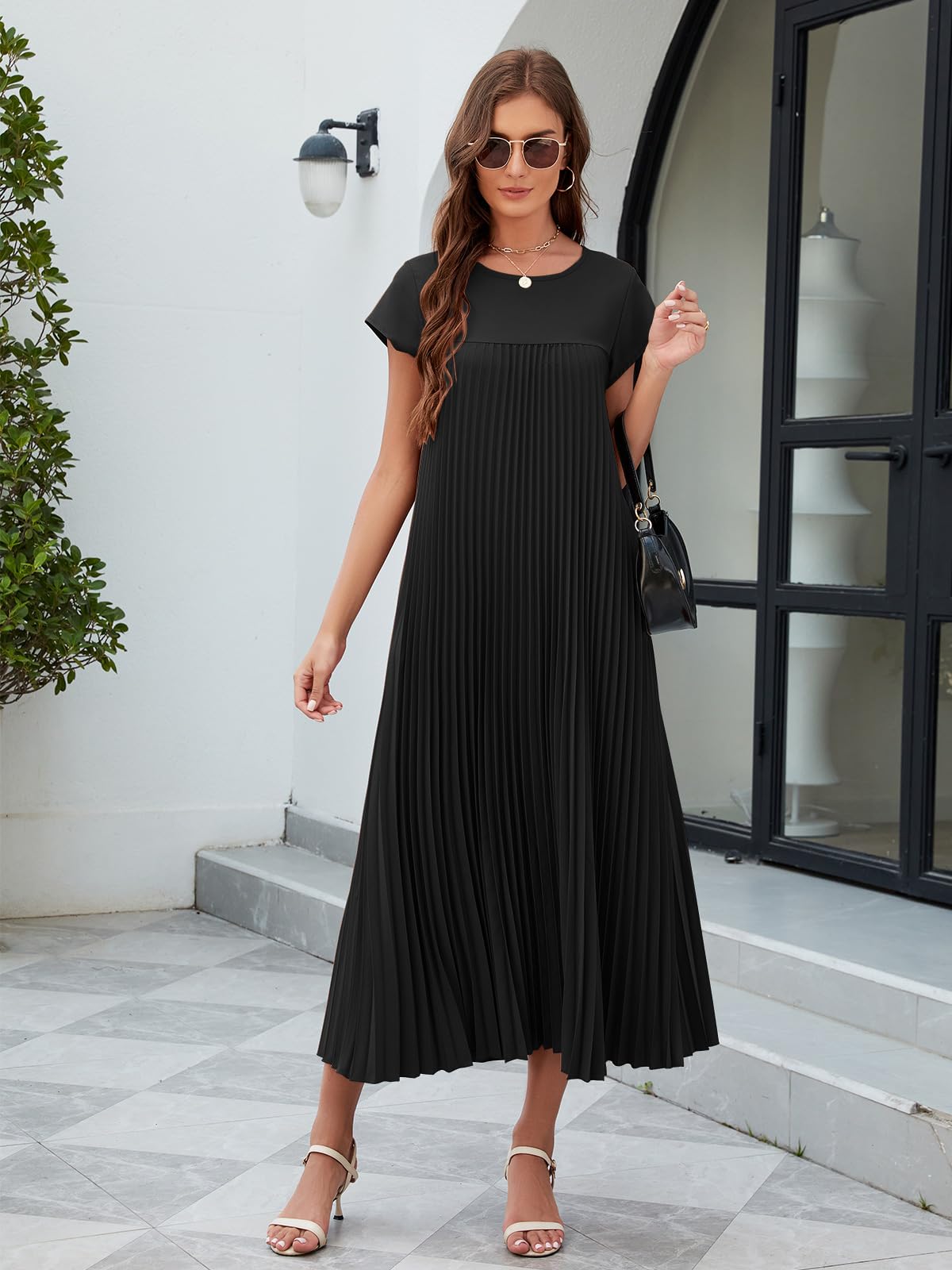Adigaber Mujeres Largo Vestido Plisado Verano Casual Cuello Redondo Sólido Vestido con Bolsillos