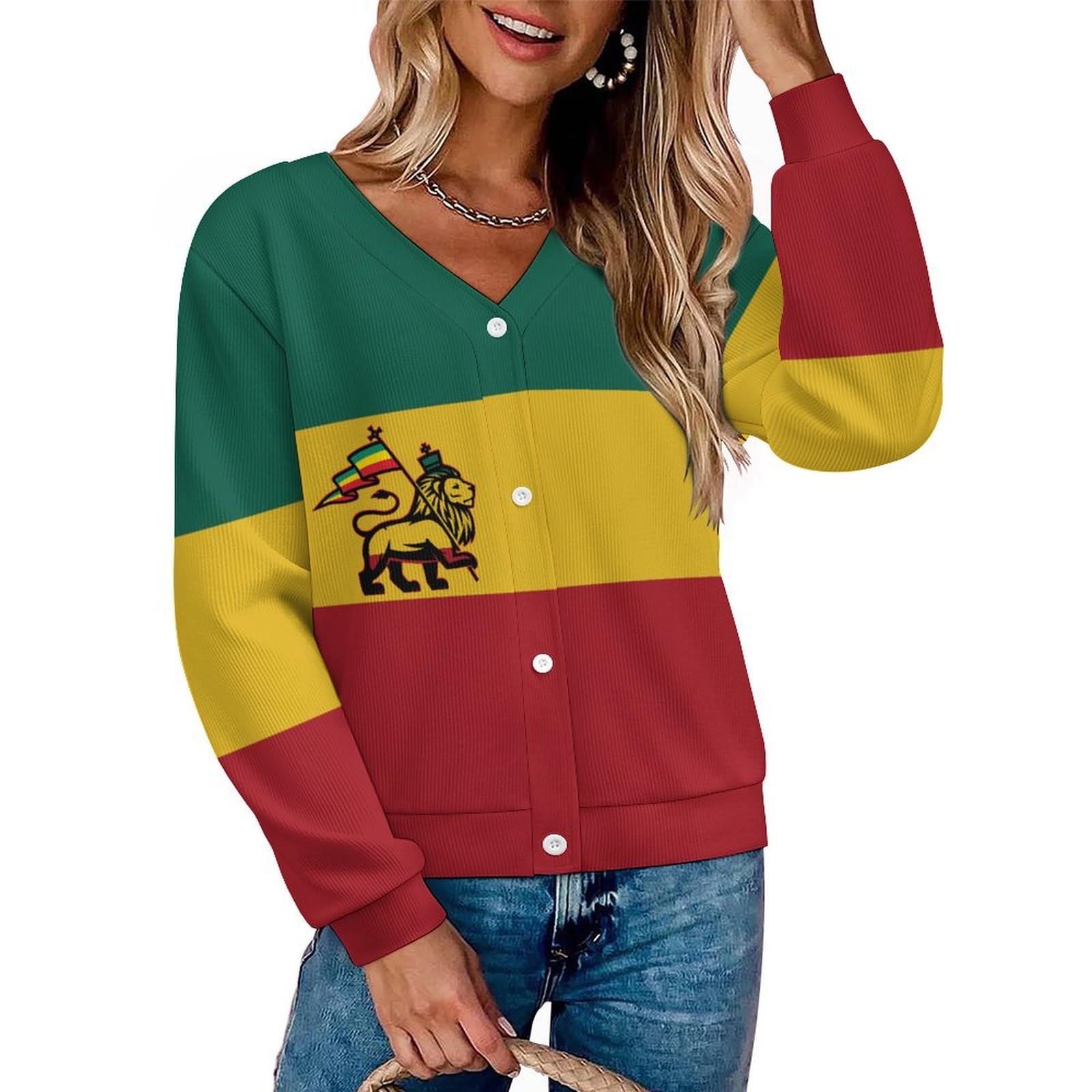 Lion of Judah Rasta Cardigan Sweaters Womens Open Front Button Down Cardigans Casual Sweater Jacket Knit Outerwear