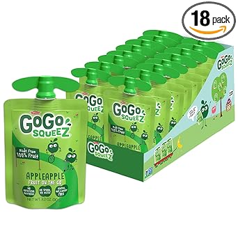 GoGo squeeZ Applesauce and Fruit Puree, Apple Apple, 3.2 oz (Pack of 18), Unsweetened Fruit Snacks for Kids, Gluten Free, Nut Free and Dairy Free, Recloseable Cap, BPA Free Pouches