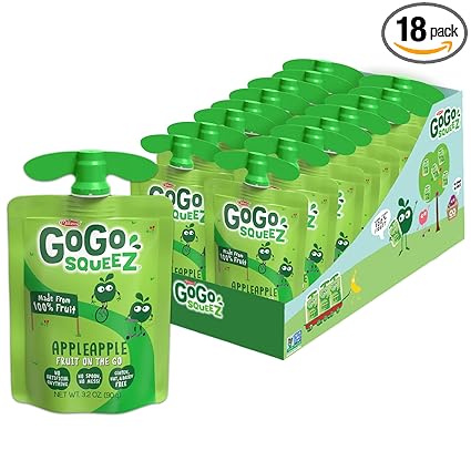 GoGo squeeZ Applesauce and Fruit Puree, Apple Apple, 3.2 oz (Pack of 18), Unsweetened Fruit Snacks for Kids, Gluten Free, Nut Free and Dairy Free, Recloseable Cap, BPA Free Pouches