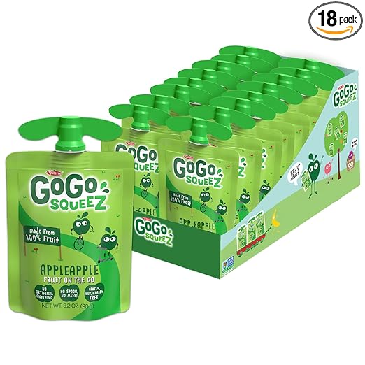 GoGo squeeZ Applesauce and Fruit Puree, Apple Apple, 3.2 oz (Pack of 18), Unsweetened Fruit Snacks for Kids, Gluten Free, Nut Free and Dairy Free, Recloseable Cap, BPA Free Pouches