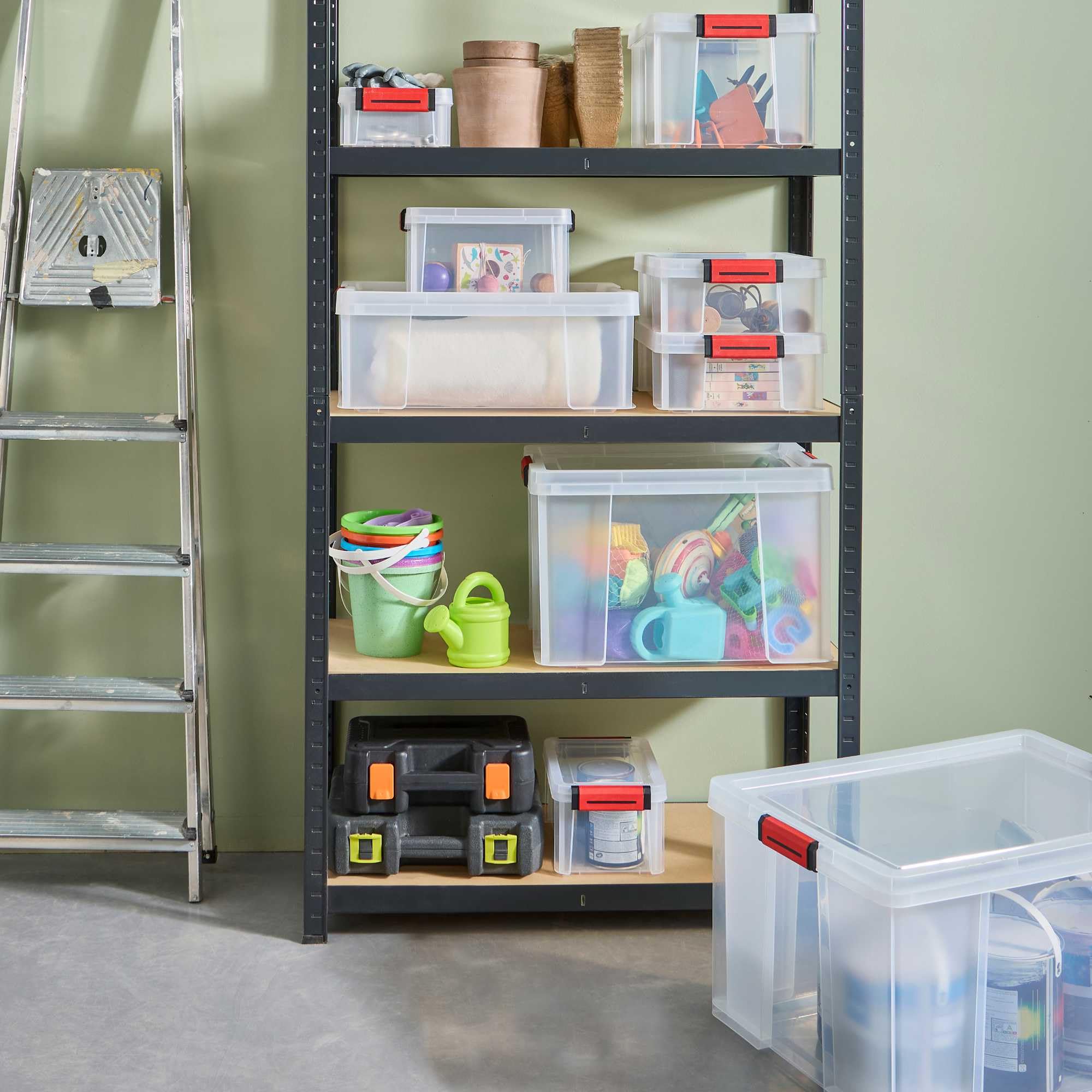 Boite de rangement plastique avec couvercle, roues et poignée de transport, lot de 3, Sundis