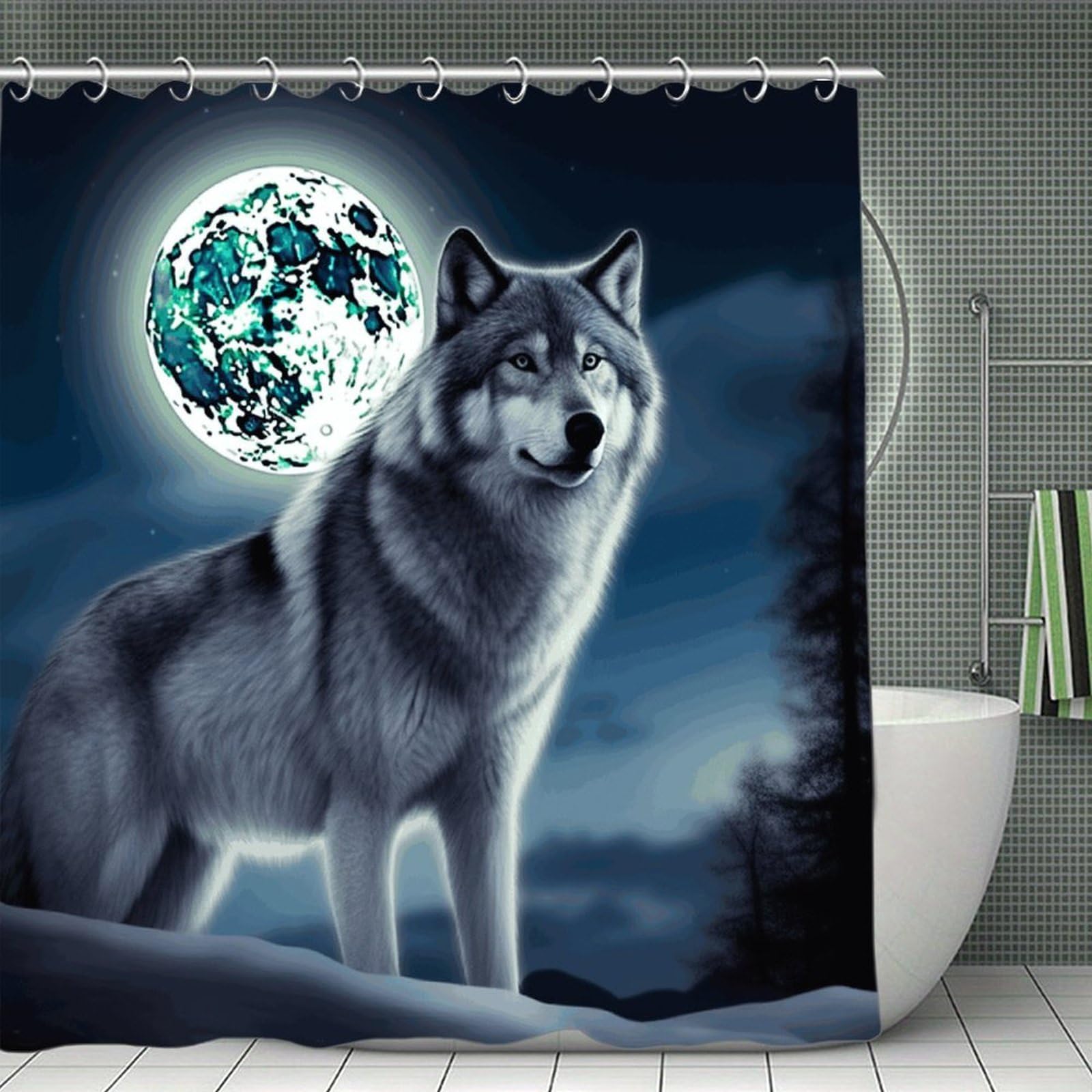 VstaDank Wolf Under Moon Shower Curtain Light-Weight Blackout Bathroom Curtain Washable Shower Liner 71x71 Inch Bath Curtain with Metal Holes Bathtub Bath Room