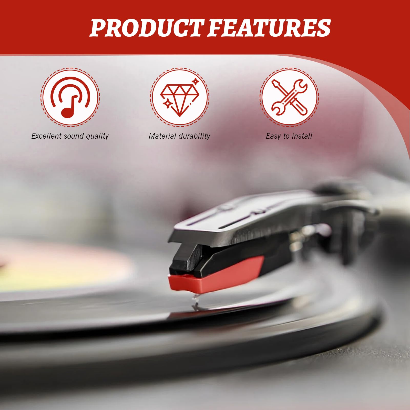Aiguille Tourne Disque, Diamant Platine Vinyle, Saphir Platine Vinyle, Aiguille Diamant de Remplacement, Aiguille Tourne Disque Universel Platine pour Tourne Disque en Vinyle (Rouge) (4Pcs)