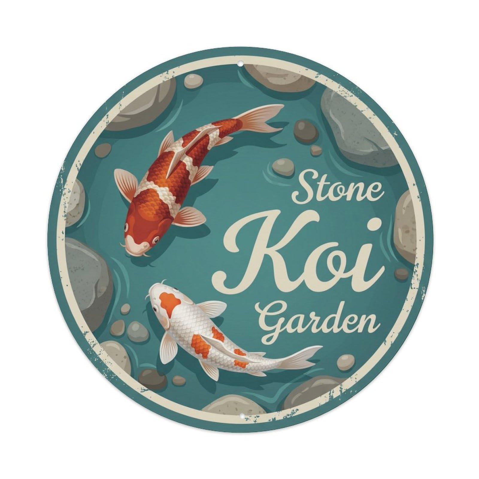 Koi Fish Stone Garden Waters Zen Rock Meditation Peaceful Metal Tin Sign