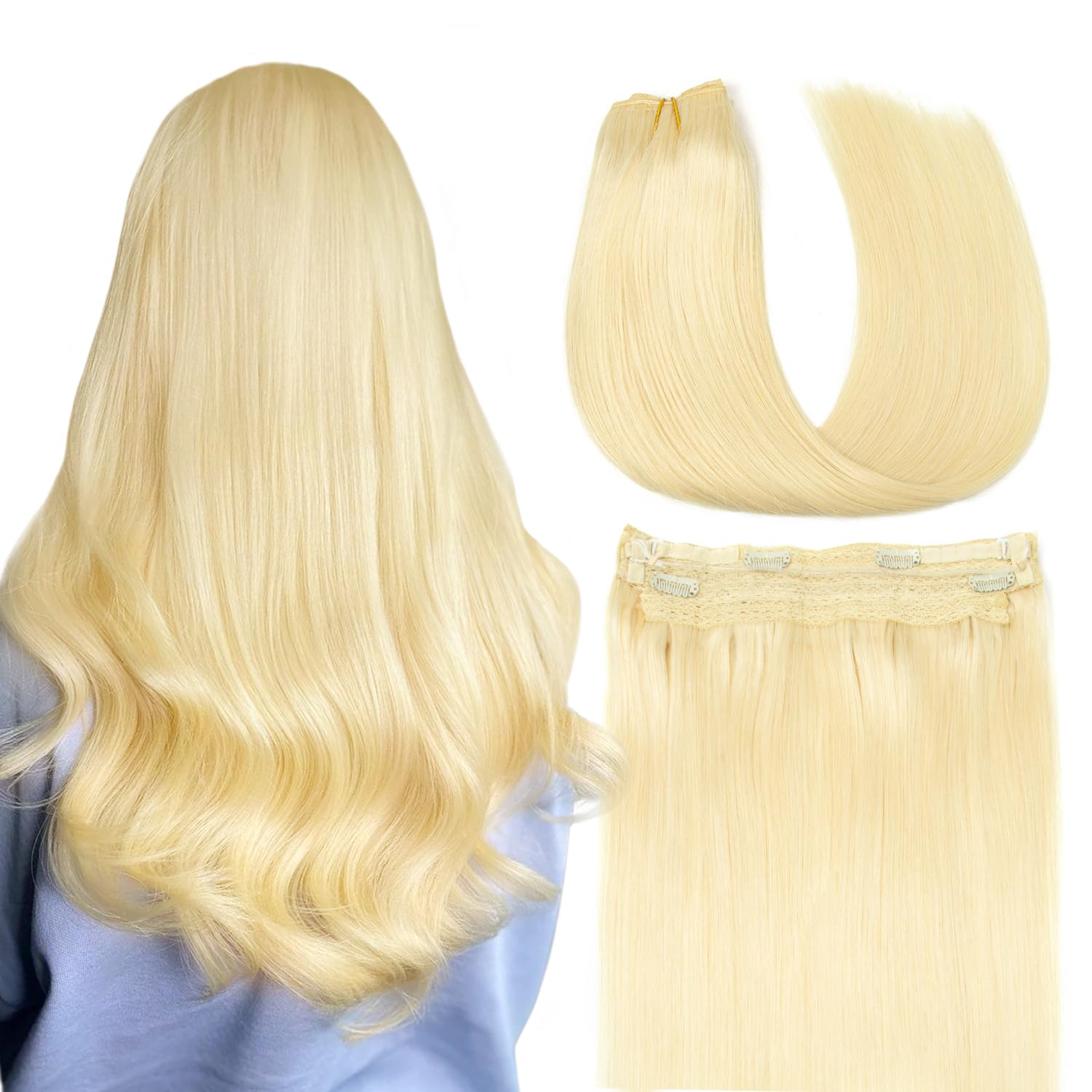AGMITY Wire Hair Extensions Human Hair 16 Inch Bleach Blonde Hidden Removable Layered Natural Hairpiece Thick Straight with Transparent Fish Line(16 Inch #613 Bleach Blonde)