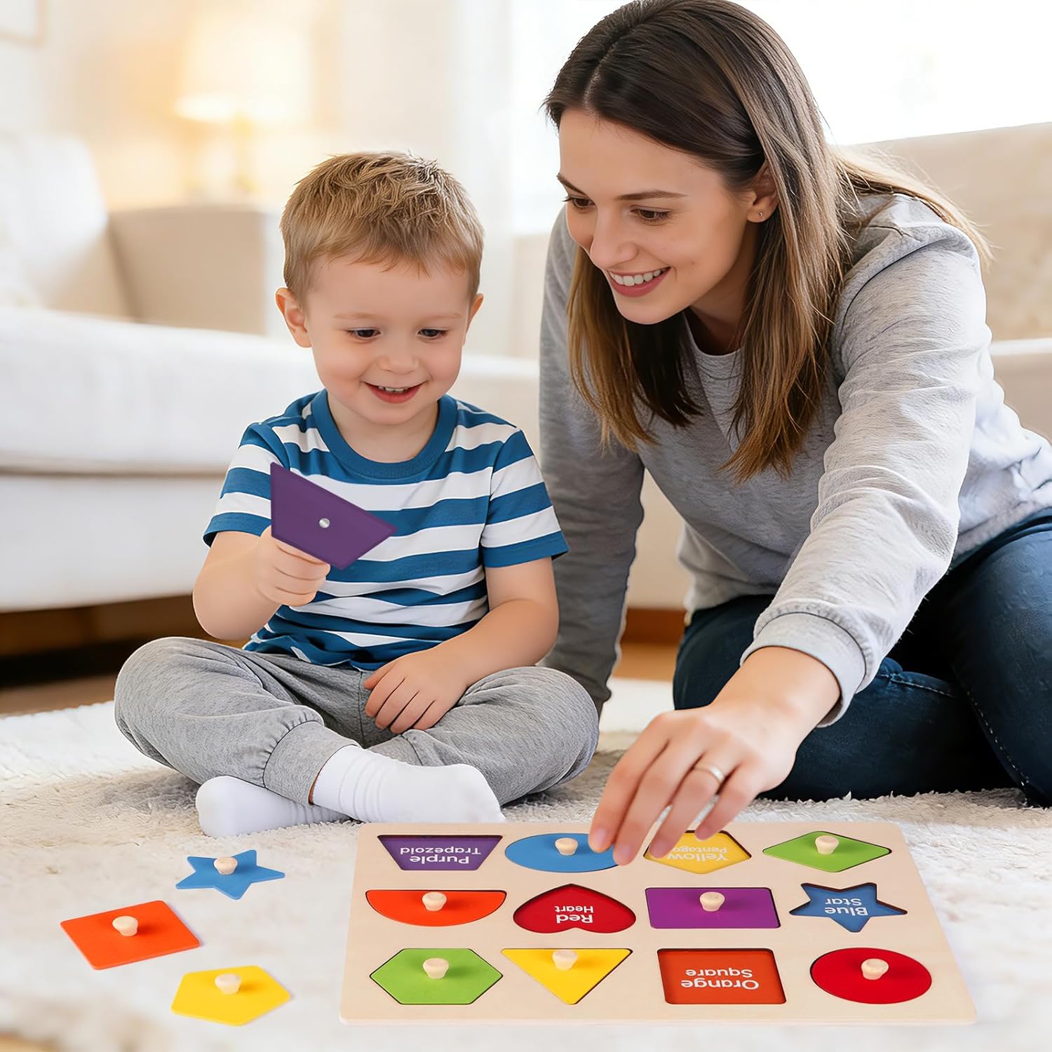 Montessori Wooden Peg Shape Puzzles for Toddlers 1-4, Sturdy Easy-Grip Educational Learning Toys, Perfect Birthday Gifts for Baby Boys Girls