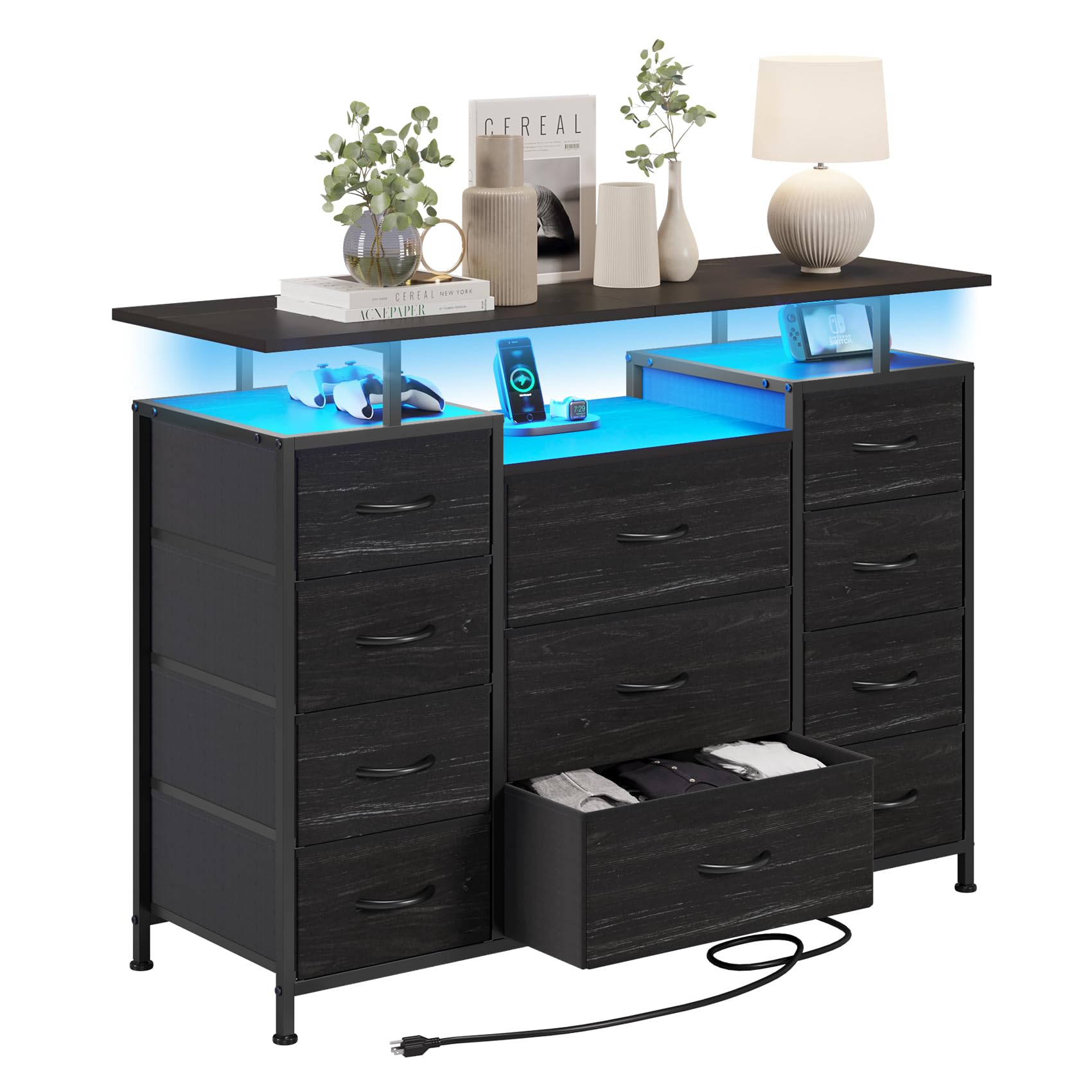 LUMTOK 11 Drawers Dresser with Fabric Drawers,Charging Station, LED Lights and Shelves for Bedroom, Living Room, Hallway, Nursery Storage Organization (Black Wood Veins)