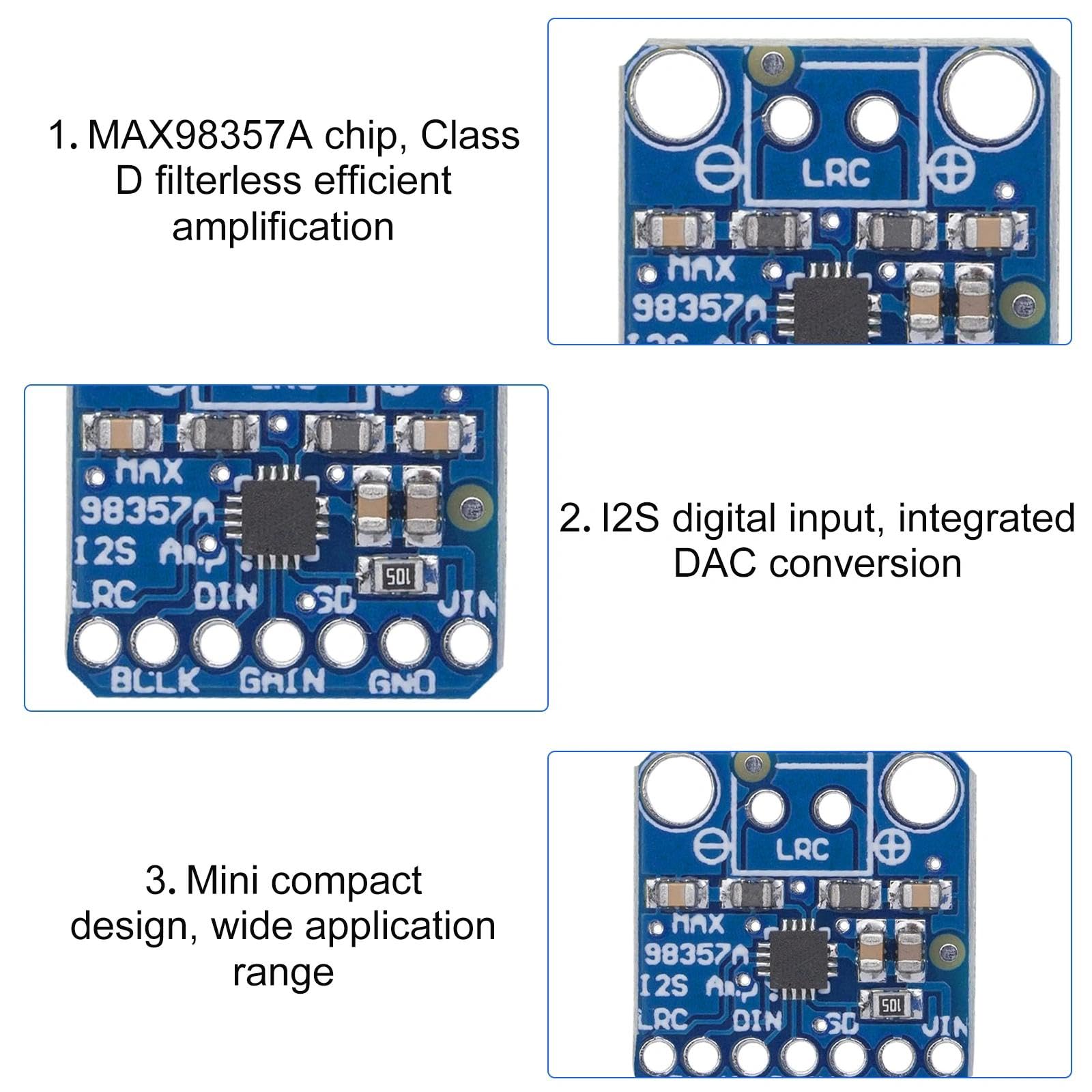 HENGBIRD MAX98357A I2S moduł wzmacniacza, 19 x 18 mm Mono DAC Breakout Board, bezfiltrowy wzmacniacz audio klasy D, 3 W, wejście cyfrowe 5 V, do projektów audio Raspberry Pi ESP32, 3 sztuki
