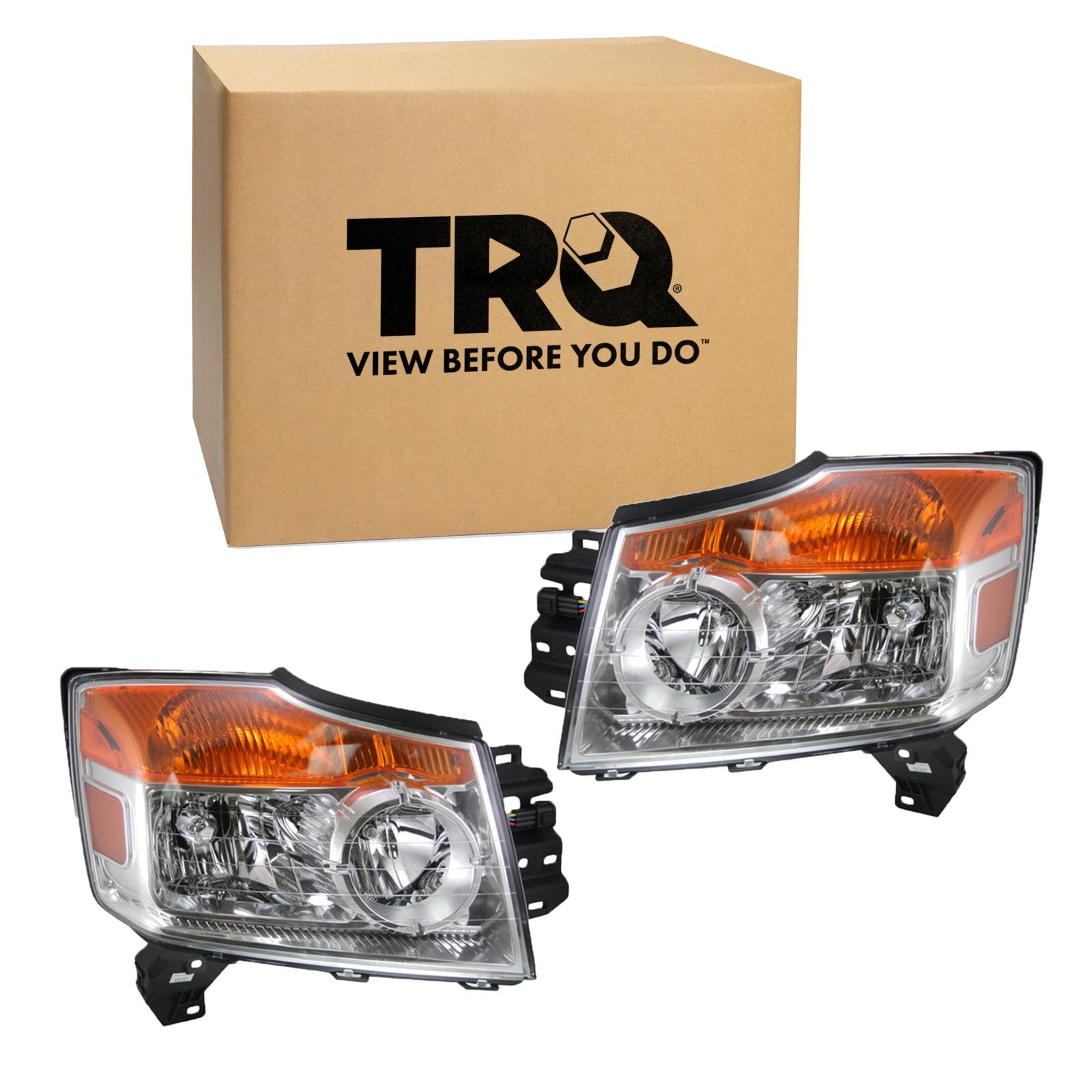TRQ 2 Piece Headlight Assembly Set Chrome Bezel Driver & Passenger Side Compatible with Nissan Armada 2008-2015 NI2502175 NI2503175 260109GA0B 260609GA0B