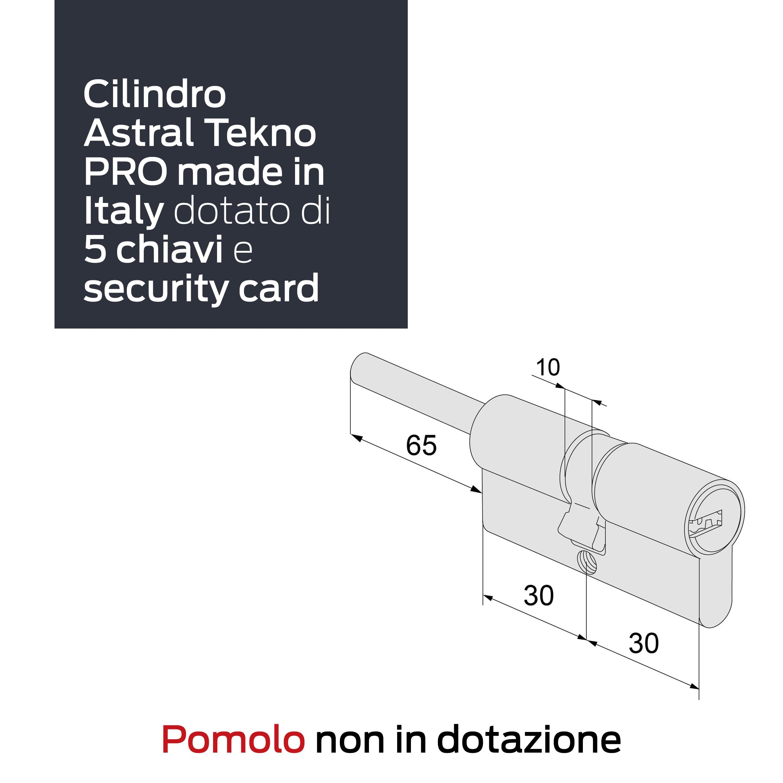 CISA - Cilindro Europeo Astral Tekno PRO 10M3T70701200C5 per Serratura Porta Blindata - Cilindro Europeo 30/30 con 5 Chiavi a Duplica Protetta - Predisposizione al Pomolo