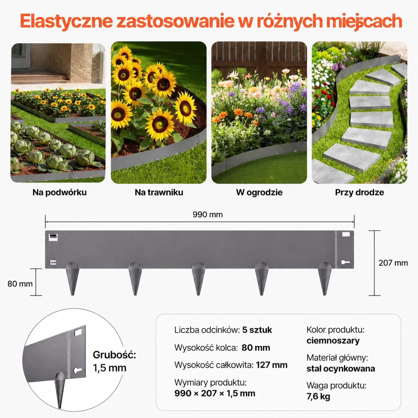 Metalowe obrzeże trawnikowe, szary zestaw 5 sztuk do ogrodu i rabat