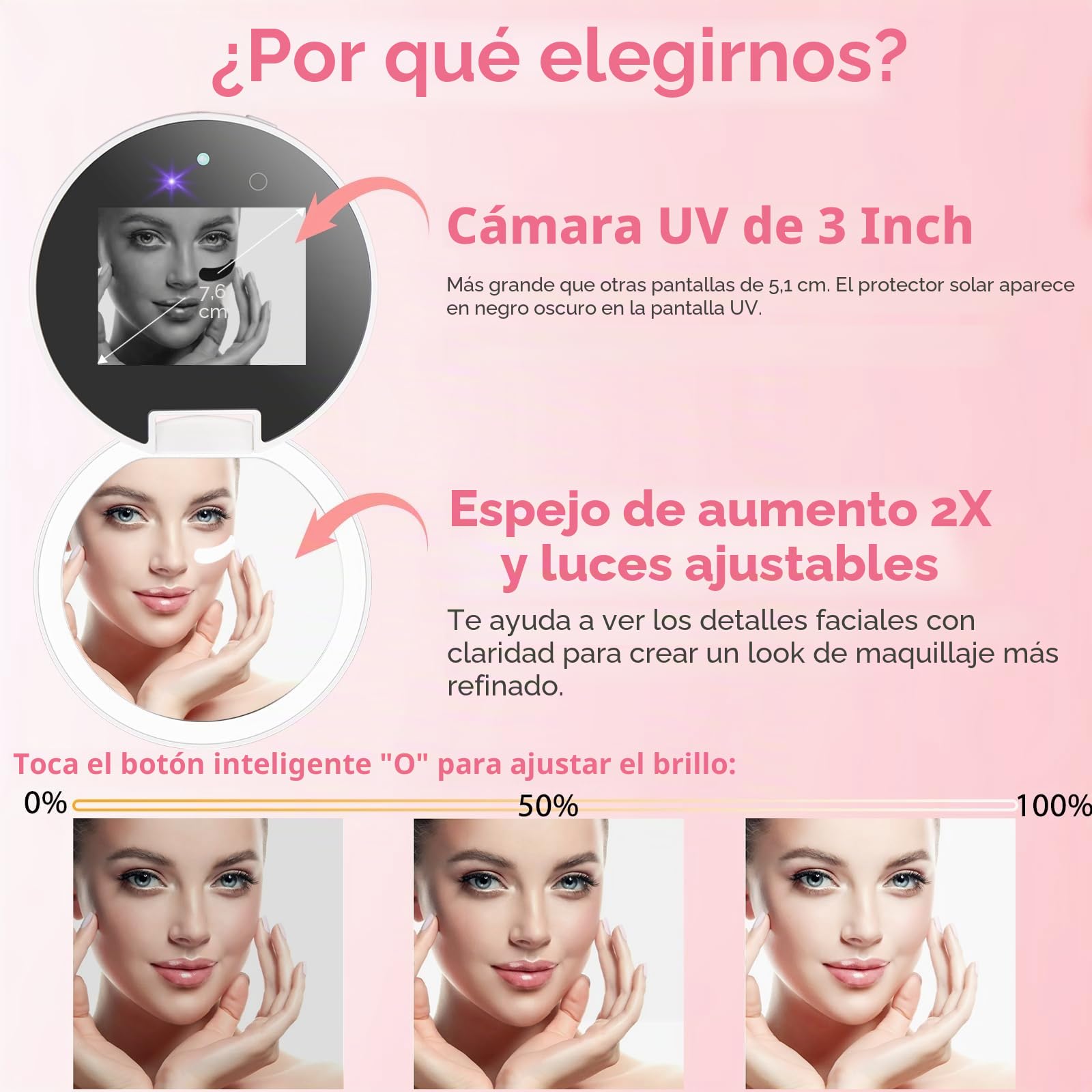 Vanexiss Cámara UV para prueba de protector solar, espejo UV, cámara de protección solar, recargable de 3.8 pulgadas, espejo de tocador de aumento 2X con luz, espejo de bolsillo de doble cara para