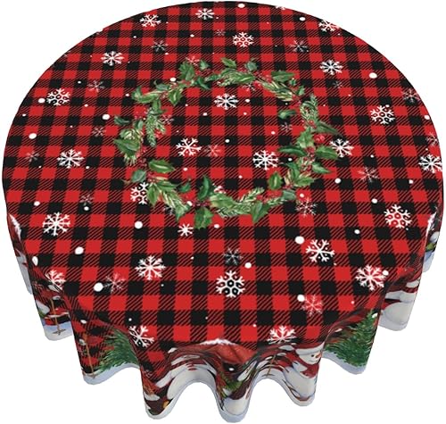 Miniatura 7 de Giwawa Mantel redondo de muñeco de nieve de 60 pulgadas, diseño de copos de nieve de invierno, mantel con diseño de búfalo rojo y negro, con bayas