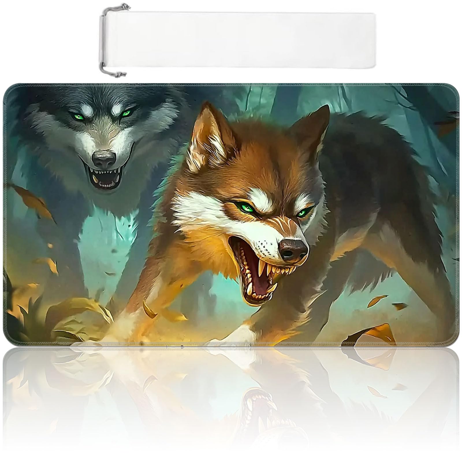 MTG Playmat 24x14 inch with Free Storage Bag, Non-Slip Rubber Base TCG Play Mat for Magic The Gathering, Card Playmat for YGO, Durable Portable Game Matt, Wolf Fox