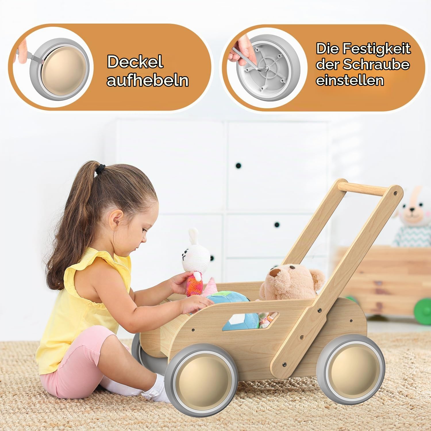 Lauflernwagen Holz, Baby Lauflernhilfe für Junge und Mädchen, Toddler Push & Pull Lauflernspielzeug, Kinderwagen aus Holz, Baby Walker mit Rädern, Geschenk für Geburtstag Weihnachten, Natürlich