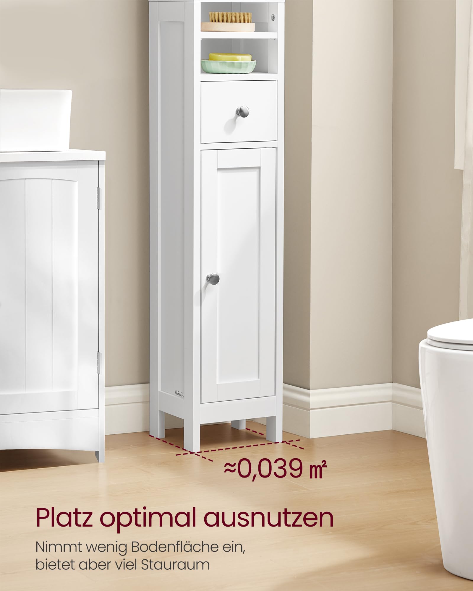 VASAGLE Badezimmerschrank, Badschrank, hoch, schmaler Aufbewahrungsschrank, mit verstellbaren Ablagen, Schublade, offenen Fächern, für kleine Räume, modern, wolkenweiß BBC765W01