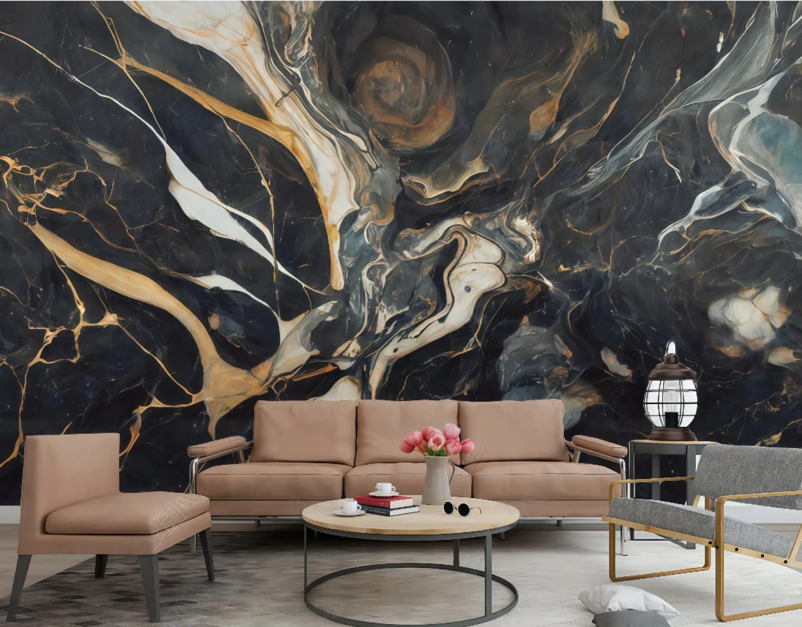 Nowoczesna minimalistyczna tapeta abstrakcyjny brązowy falisty marmur tłoczony czarny kamień łączenie TV sofa tło tapeta salon restauracja kawiarnia ścienna, 3D, 200 x 140 cm