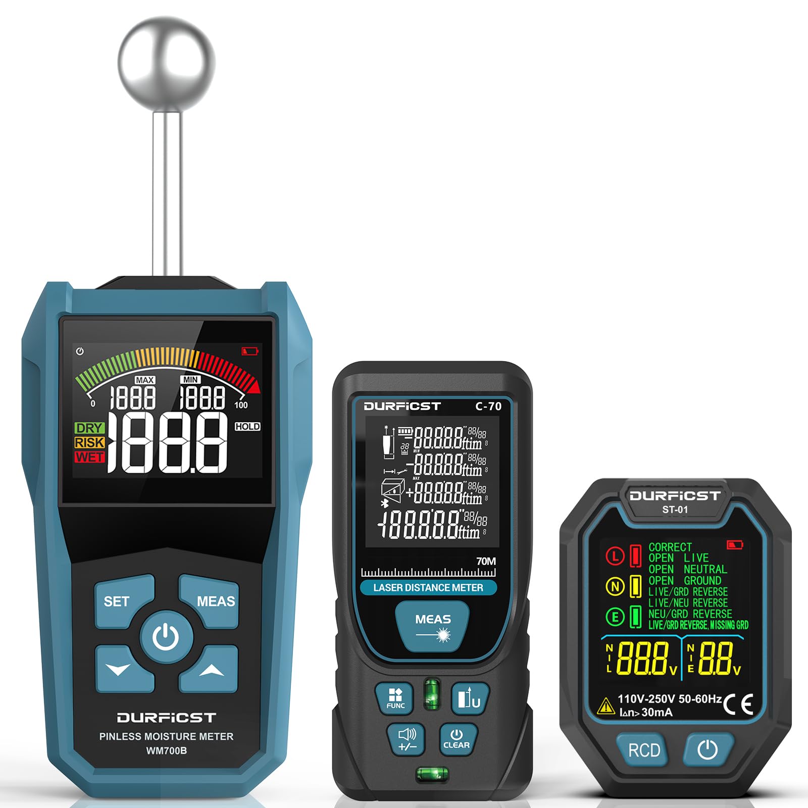 DURFICST Haustest-Kit, 3-in-1-Feuchtigkeitsmessgerät&Laser Entfernungsmesser&Steckdosentester, Feuchtigkeitsmesser Erkennt 20-40mm, 70m Entfernungsmesser mit 4 Einheiten, Steckdosenprüfer mit RCD