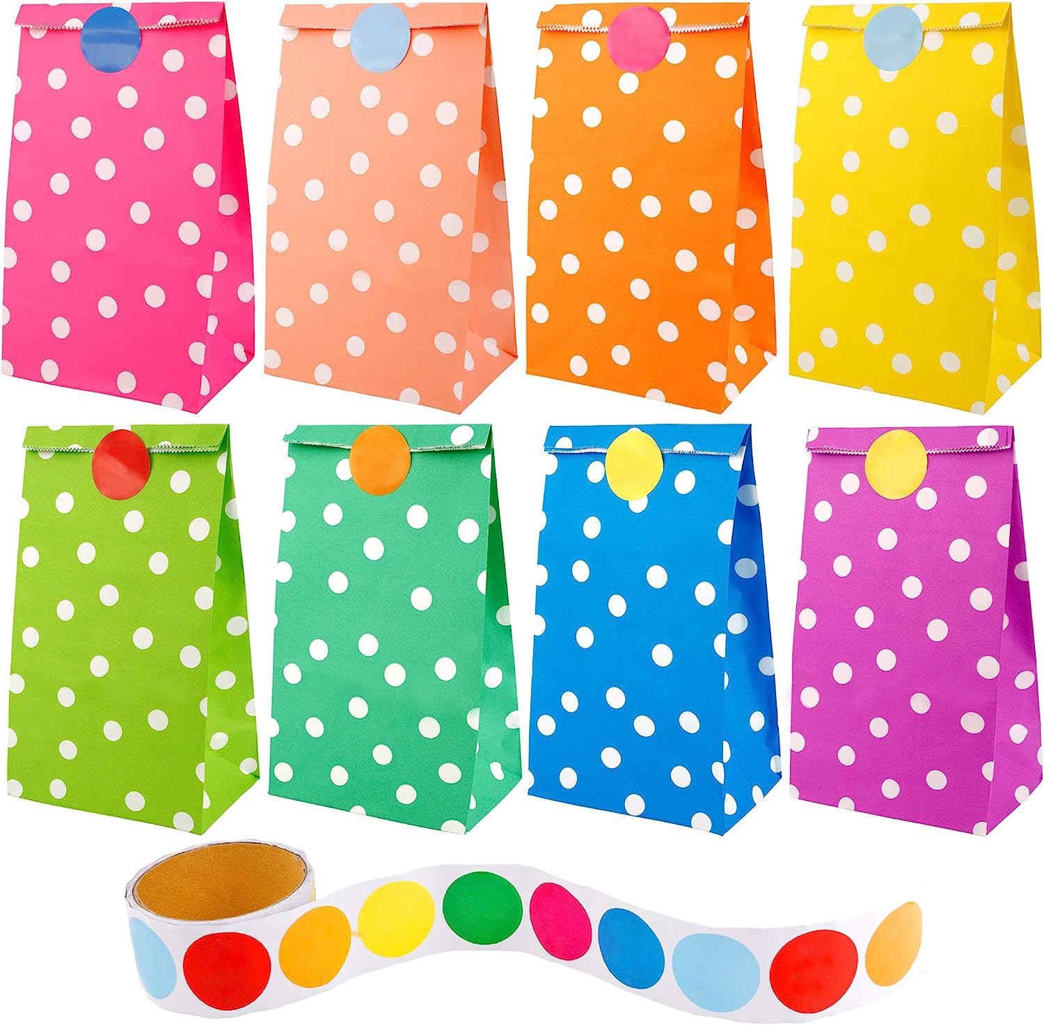 Augshy 40 Pcs Favor Paper Bags with A Roll of 100 Smile Face Stickers for Kids Chirstmas Birthday Party Supplies (Round Dot)